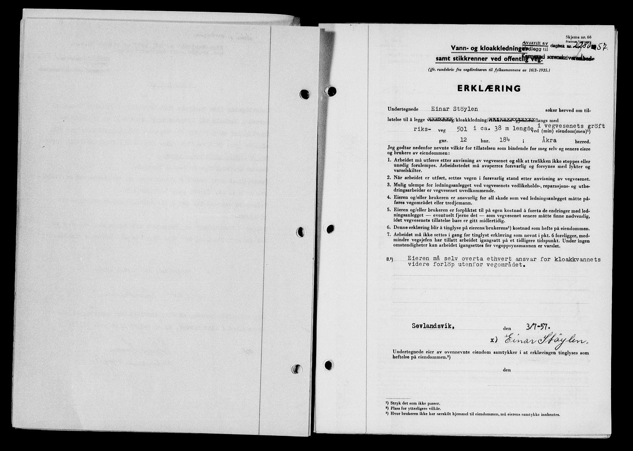 Karmsund sorenskriveri, AV/SAST-A-100311/01/II/IIB/L0125: Mortgage book no. 105A, 1957-1957, Diary no: : 2280/1957