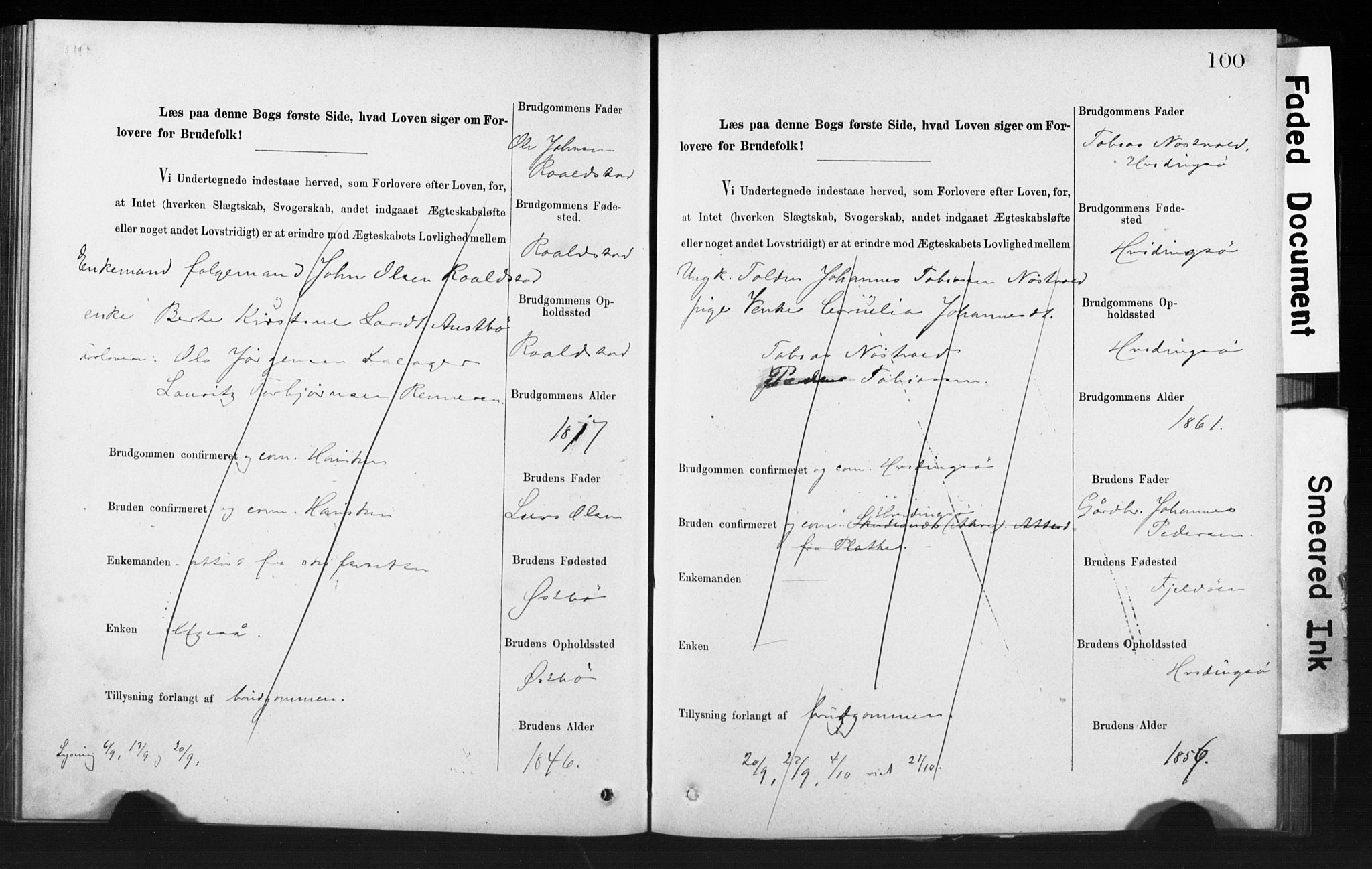 Rennesøy sokneprestkontor, SAST/A -101827/I/Ie/L0001: Banns register no. 1, 1873-1898, p. 100