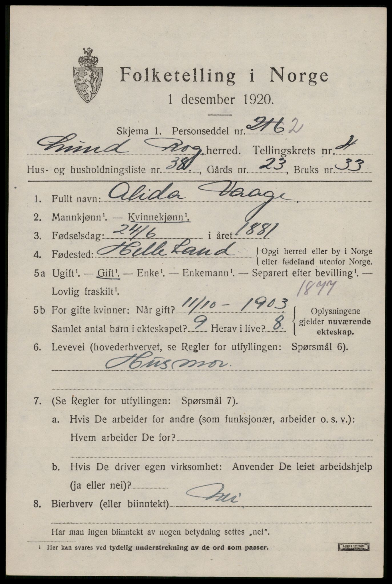 SAST, 1920 census for Lund, 1920, p. 2552