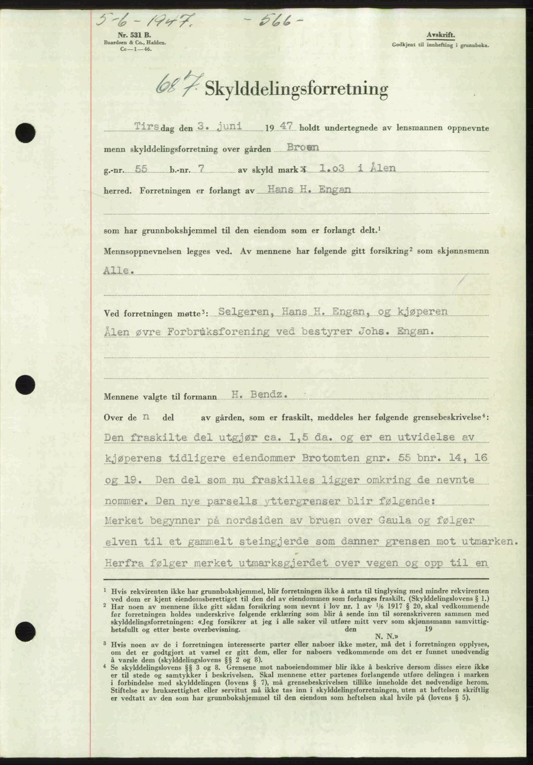 Gauldal sorenskriveri, SAT/A-0014/1/2/2C: Mortgage book no. A3, 1947-1947, Diary no: : 687/1947