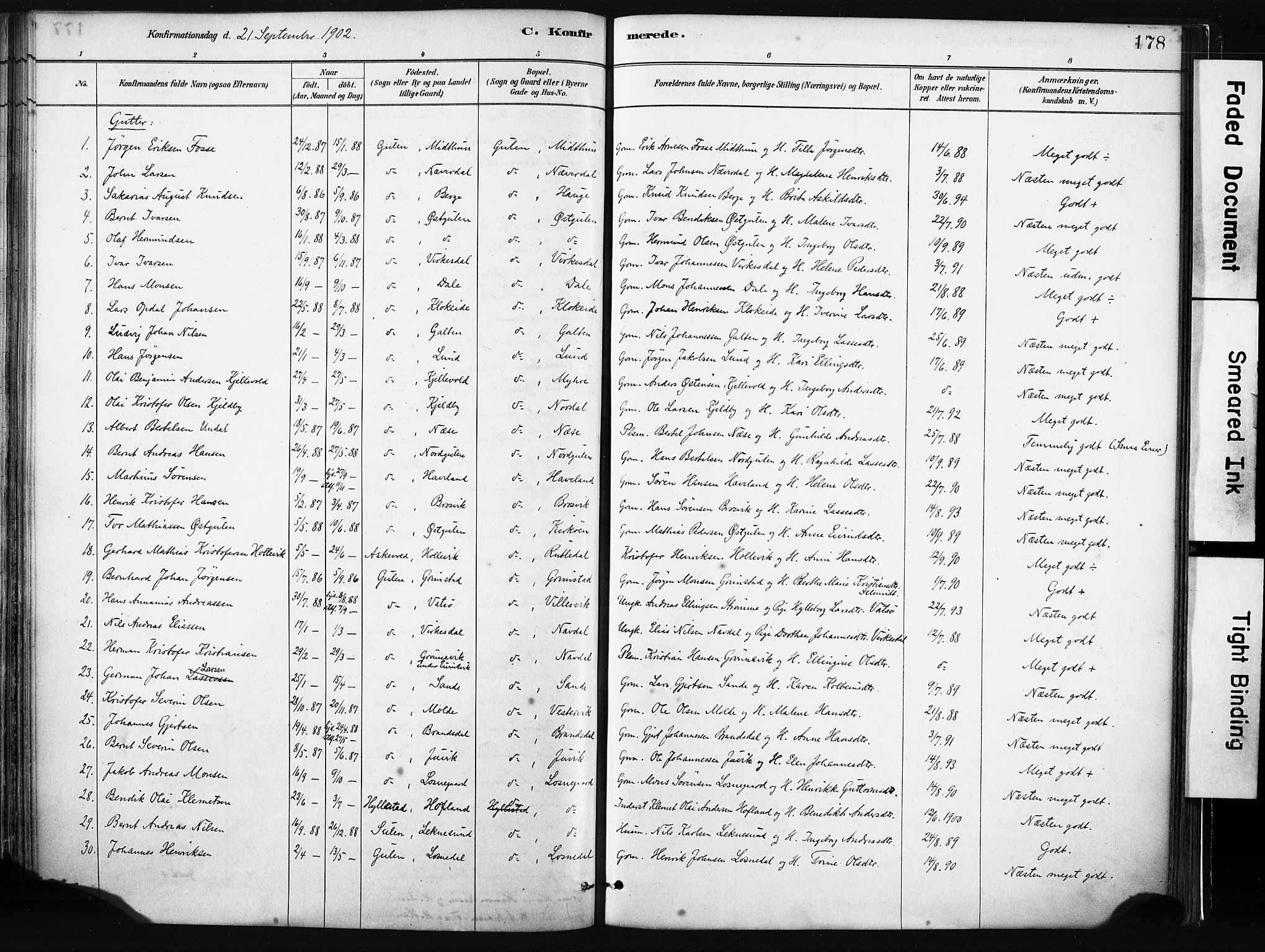 Gulen sokneprestembete, SAB/A-80201/H/Haa/Haab/L0001: Parish register (official) no. B 1, 1881-1905, p. 178