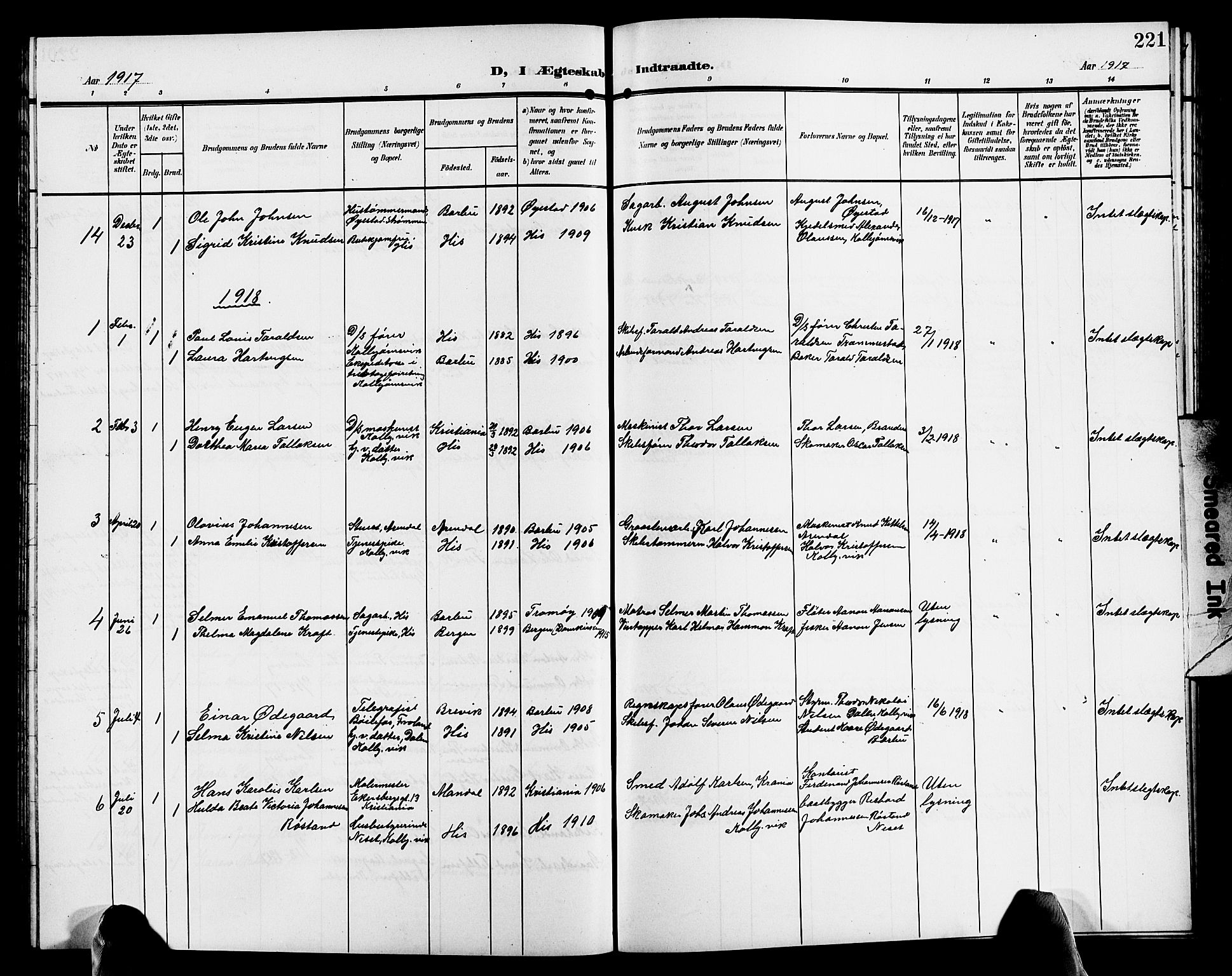 Hisøy sokneprestkontor, AV/SAK-1111-0020/F/Fb/L0004: Parish register (copy) no. B 4, 1905-1923, p. 221