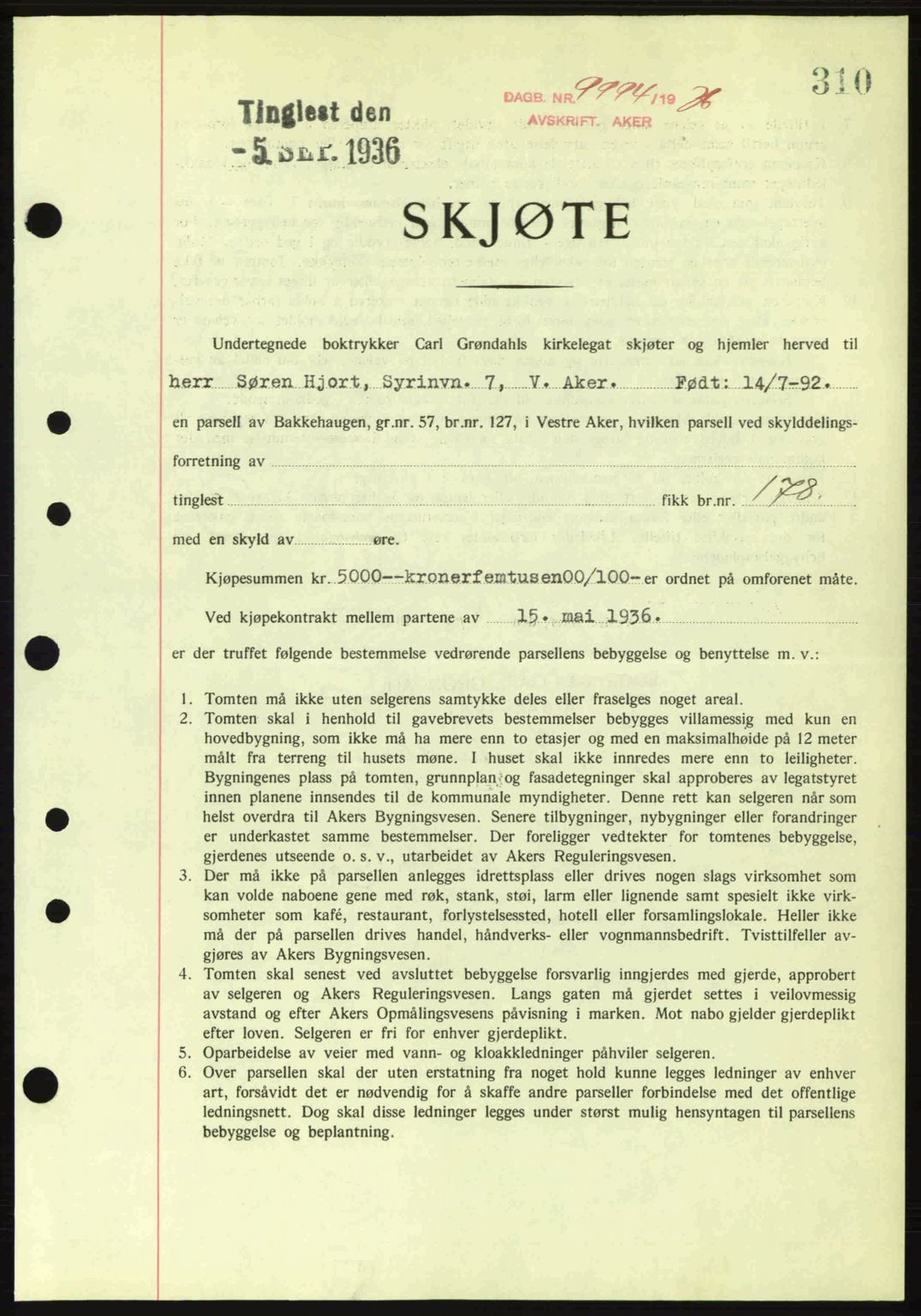Aker herredsskriveri, SAO/A-10896/G/Gb/Gba/Gbab/L0008: Mortgage book no. A141, 1936-1936, Diary no: : 9994/1936