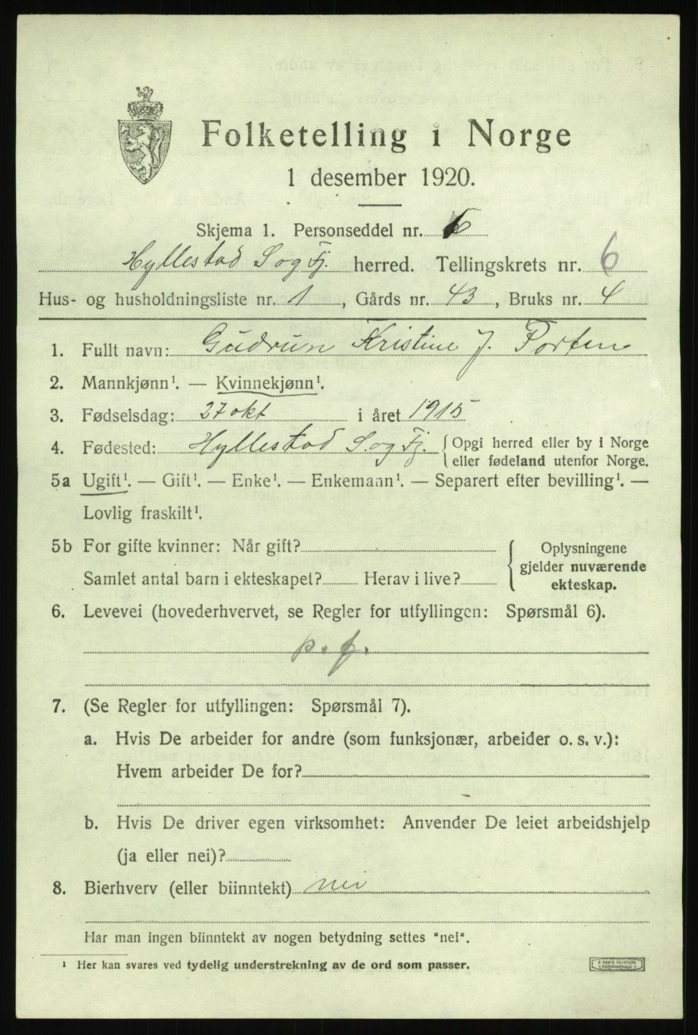 SAB, 1920 census for Hyllestad, 1920, p. 2680