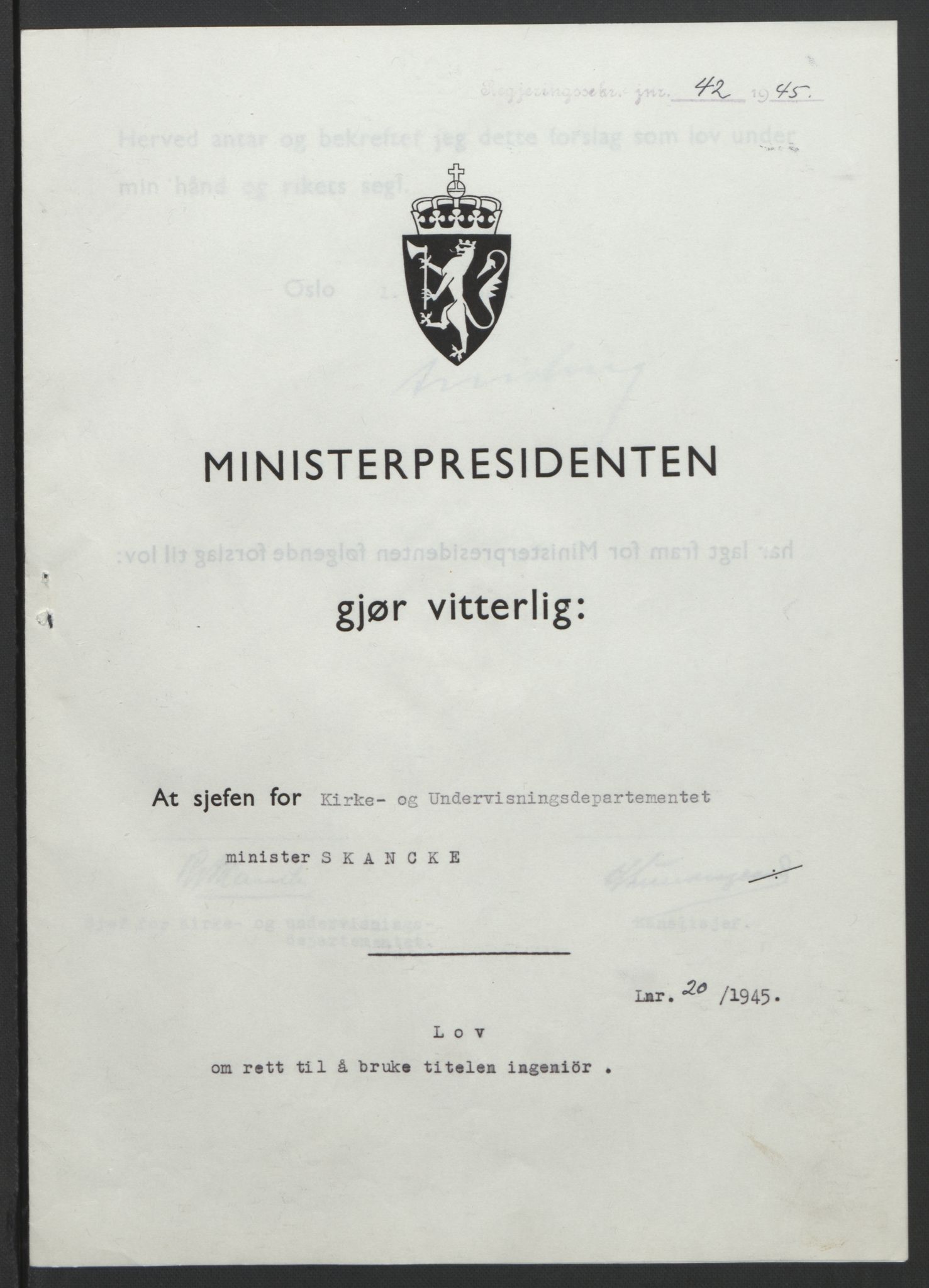 NS-administrasjonen 1940-1945 (Statsrådsekretariatet, de kommisariske statsråder mm), RA/S-4279/D/Db/L0101/0001: -- / Lover og vedtak, 1945, p. 77