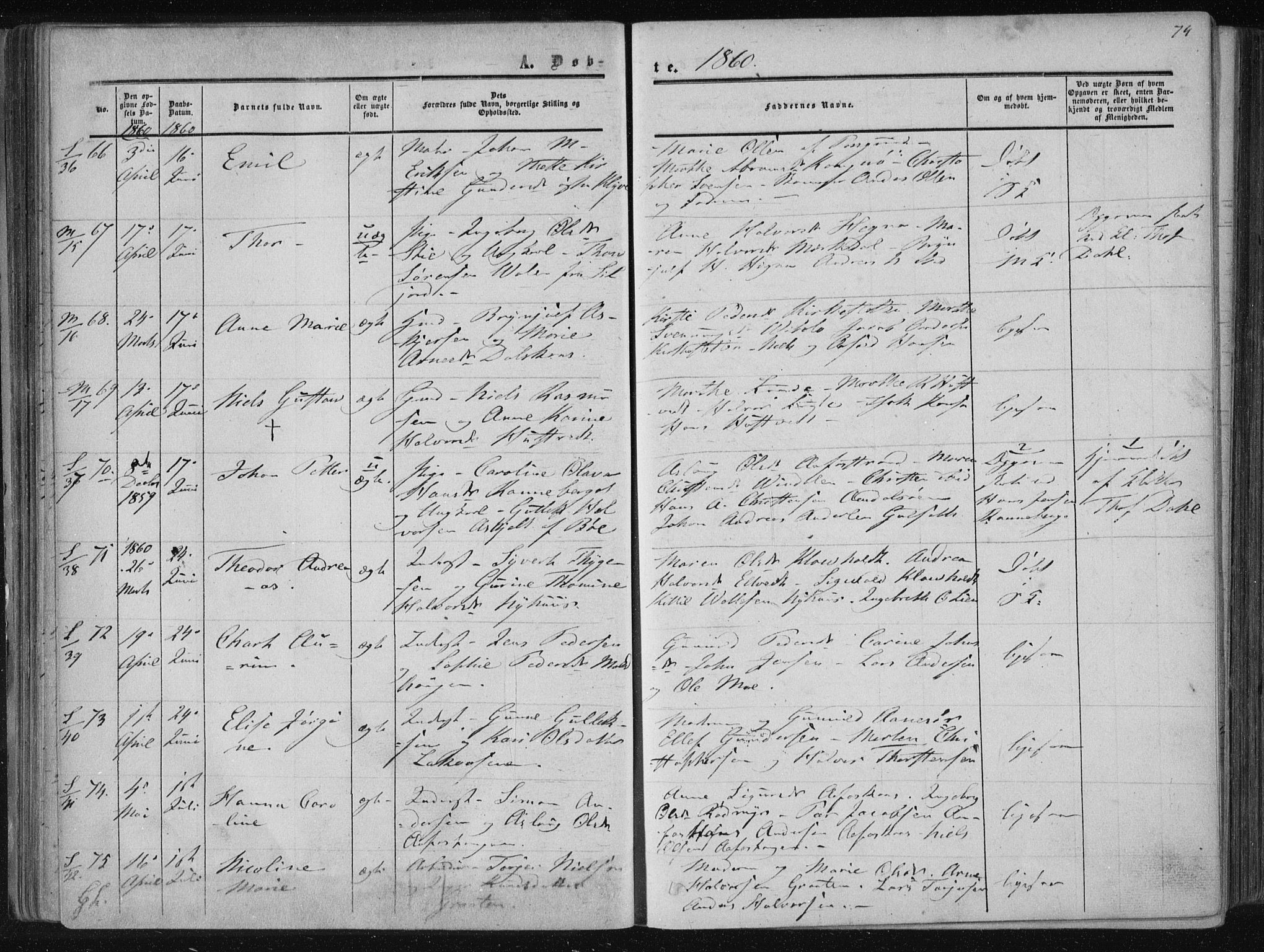 Solum kirkebøker, AV/SAKO-A-306/F/Fa/L0007: Parish register (official) no. I 7, 1856-1864, p. 74