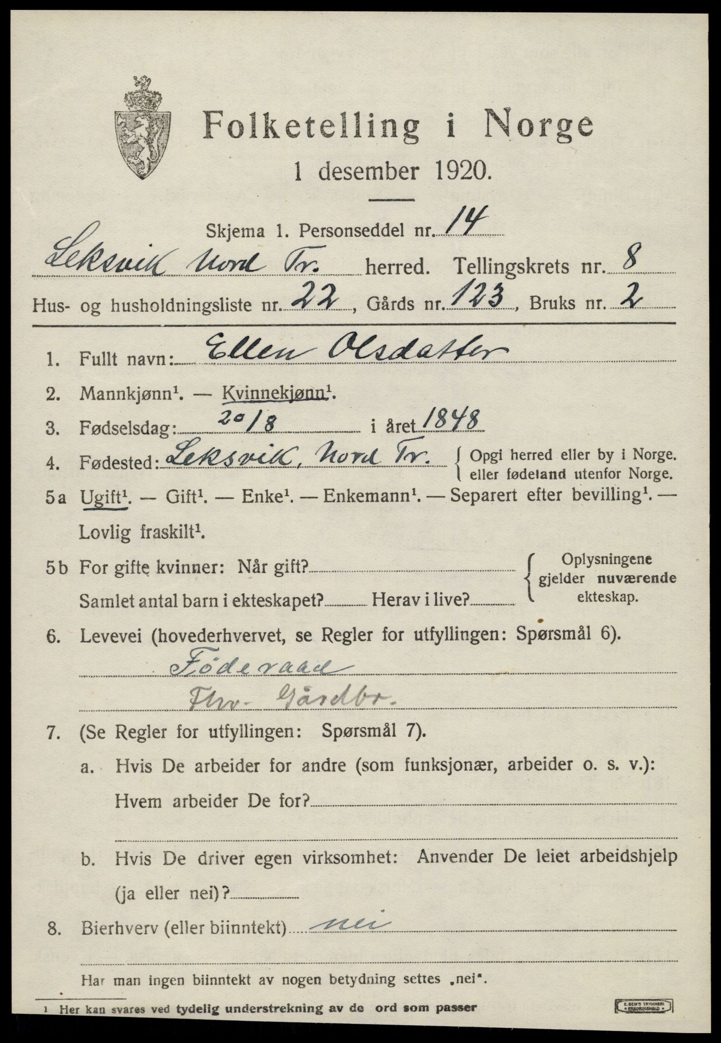 SAT, 1920 census for Leksvik, 1920, p. 6804