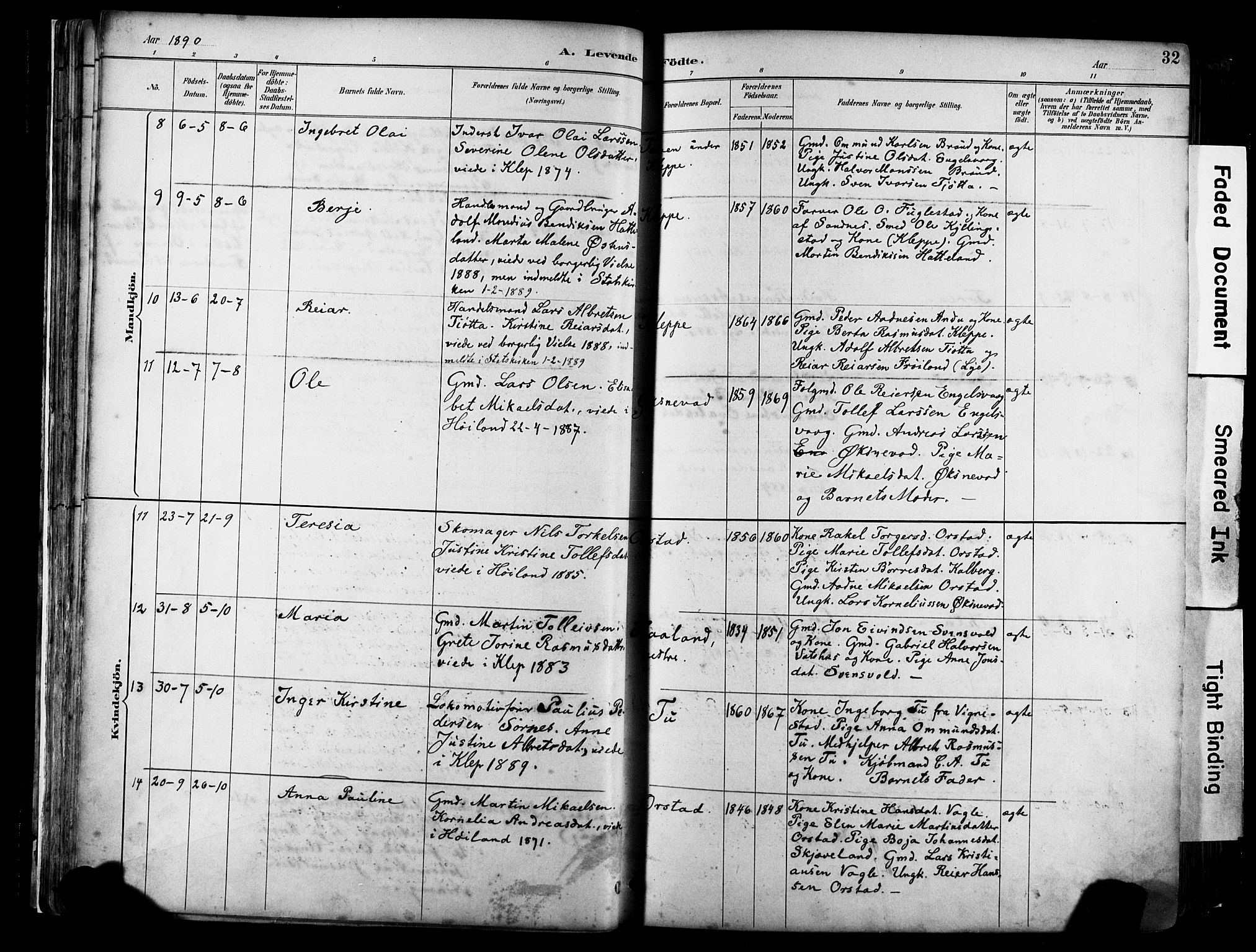 Klepp sokneprestkontor, AV/SAST-A-101803/001/3/30BA/L0009: Parish register (official) no. A 7, 1886-1915, p. 32