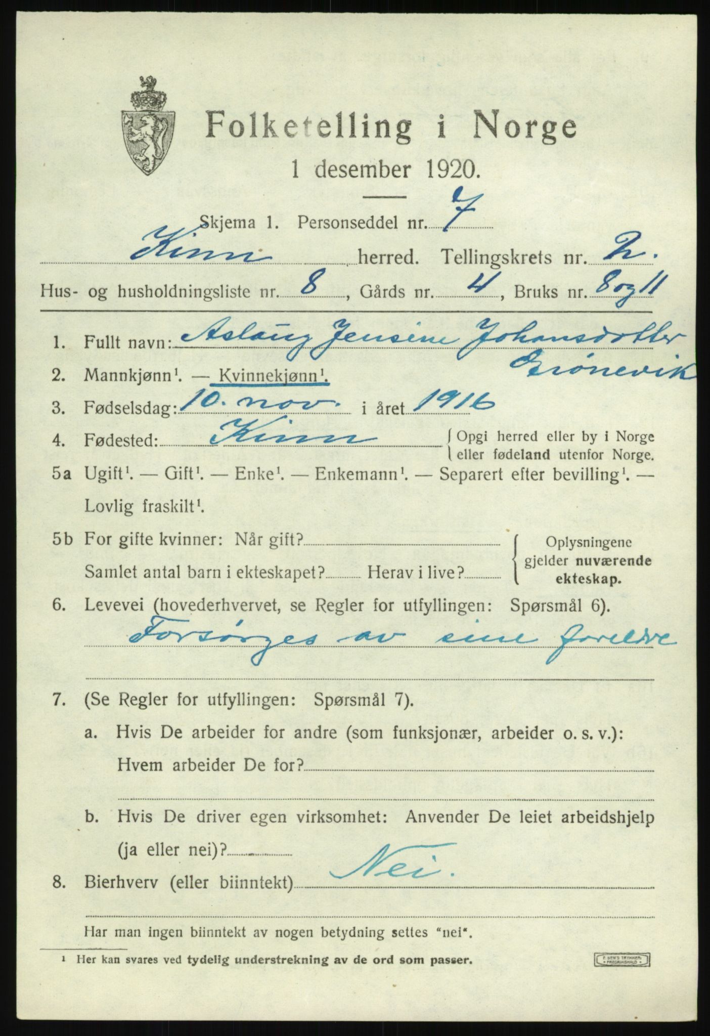 SAB, 1920 census for Kinn, 1920, p. 2065