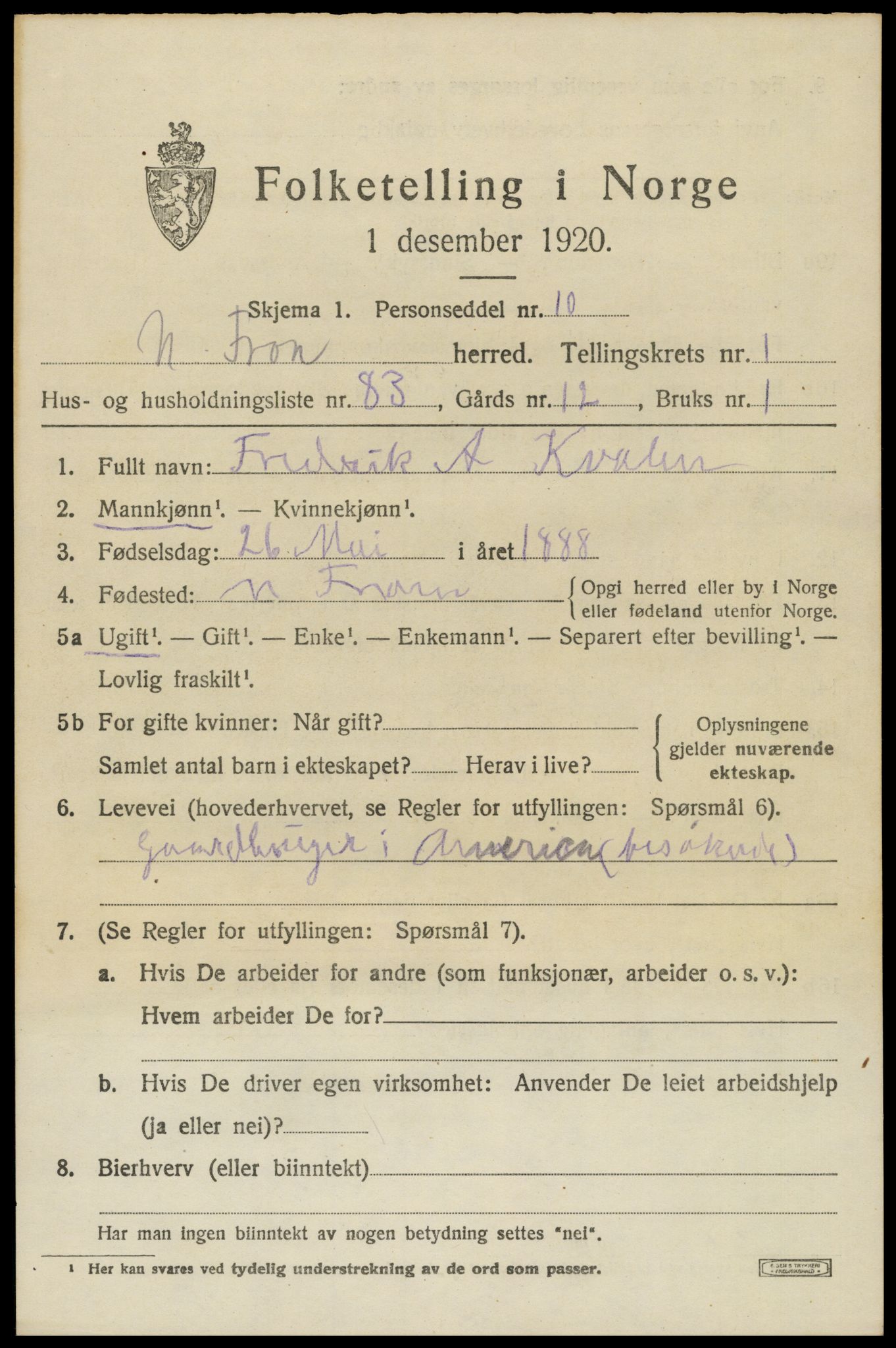 SAH, 1920 census for Nord-Fron, 1920, p. 2672