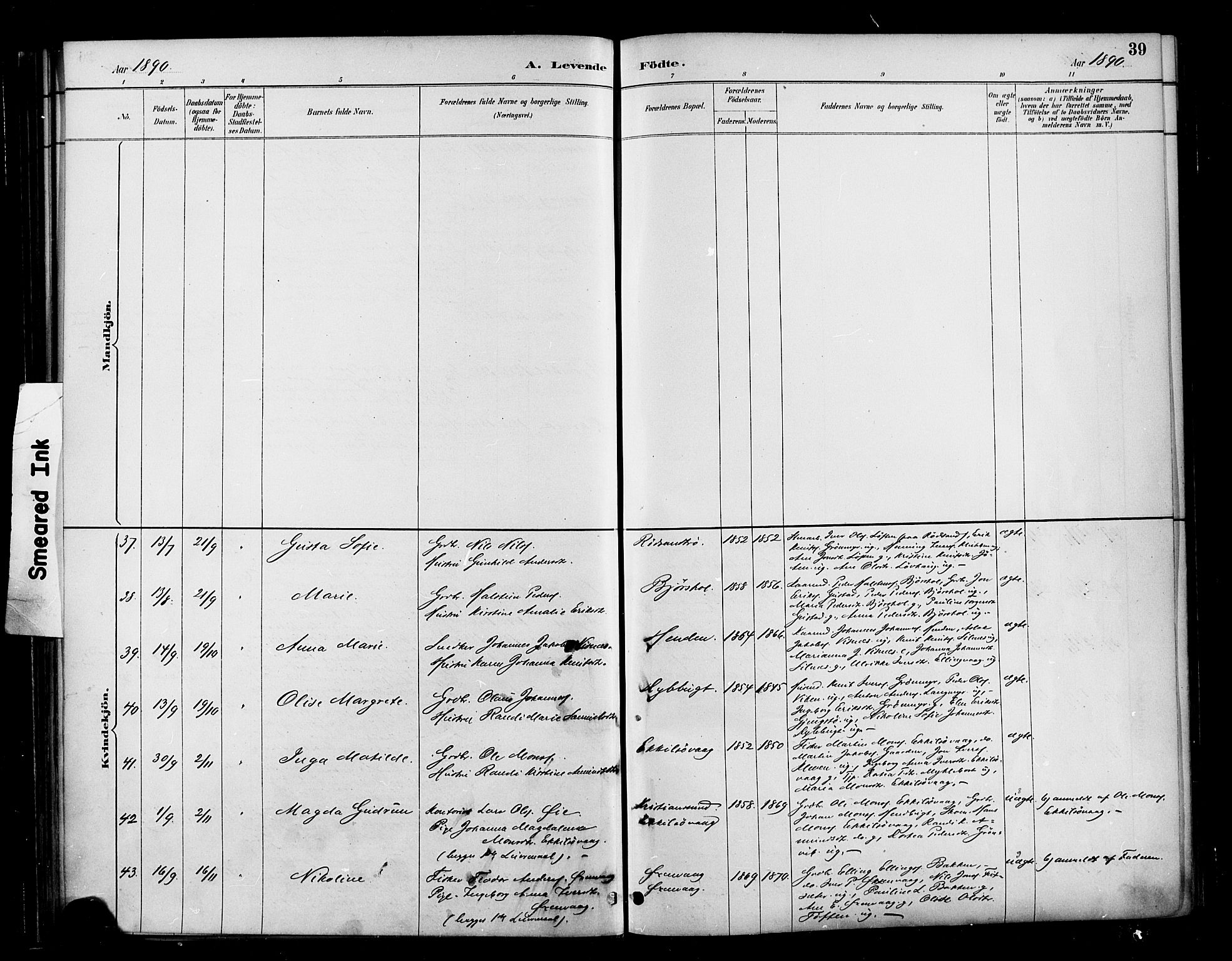 Ministerialprotokoller, klokkerbøker og fødselsregistre - Møre og Romsdal, AV/SAT-A-1454/569/L0819: Parish register (official) no. 569A05, 1885-1899, p. 39