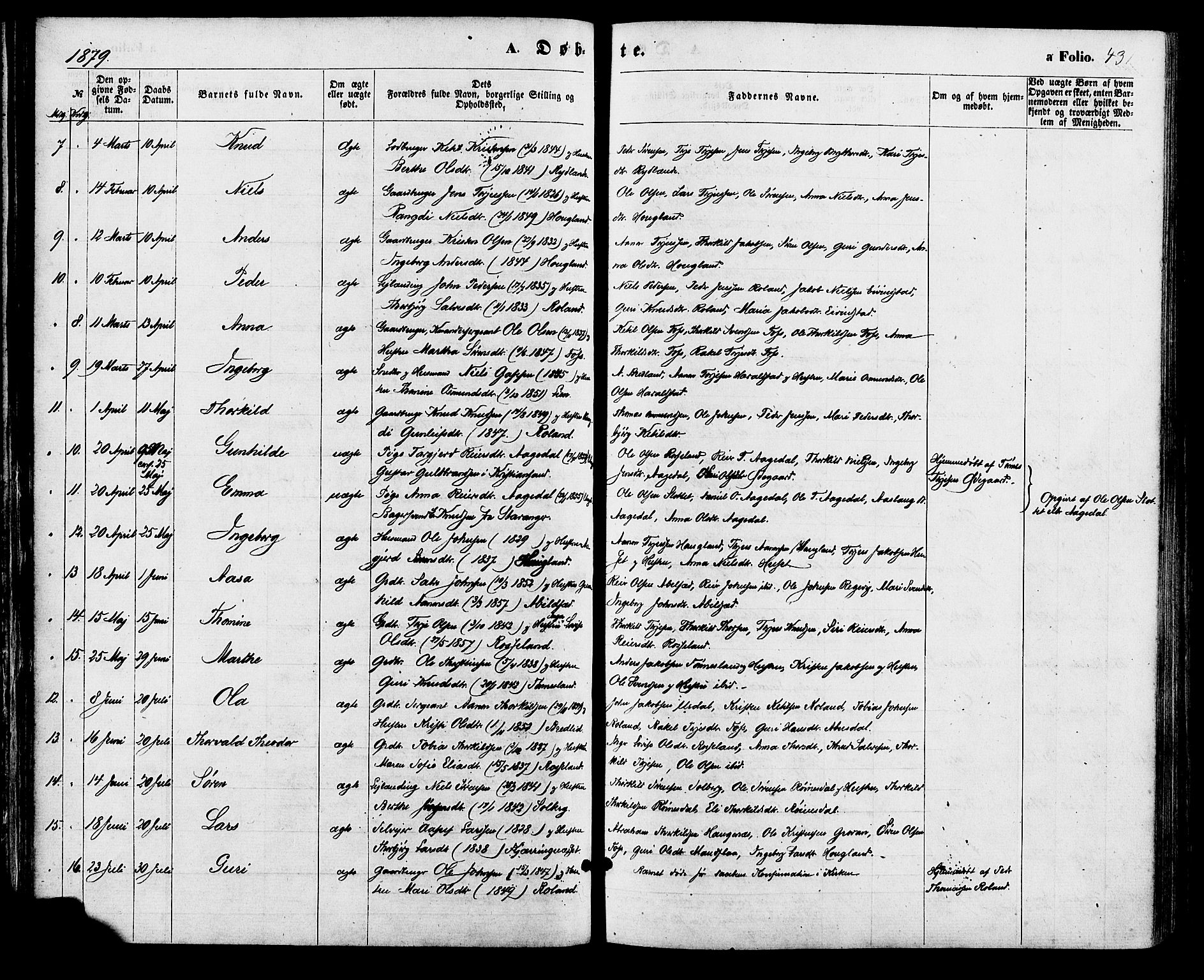 Bjelland sokneprestkontor, SAK/1111-0005/F/Fa/Faa/L0003: Parish register (official) no. A 3, 1867-1887, p. 43