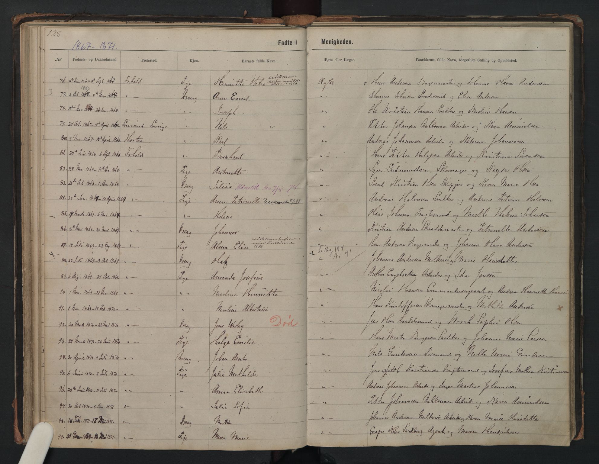 Halden metodistkirke - menighetsprotokoller, SAO/PAO-0266/F/L0002: Dissenter register no. 2, 1856-1892, p. 128