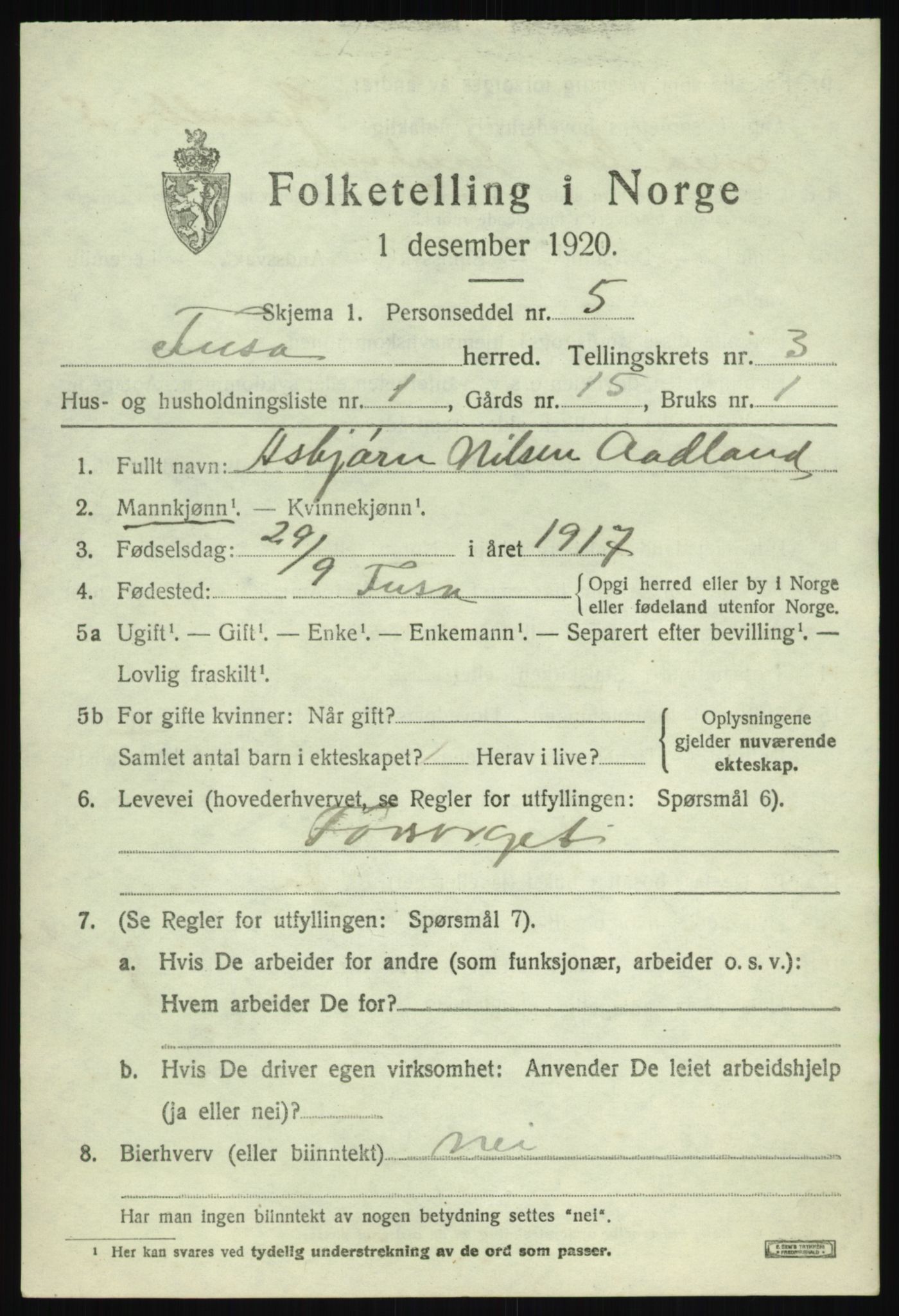 SAB, 1920 census for Fusa, 1920, p. 1309