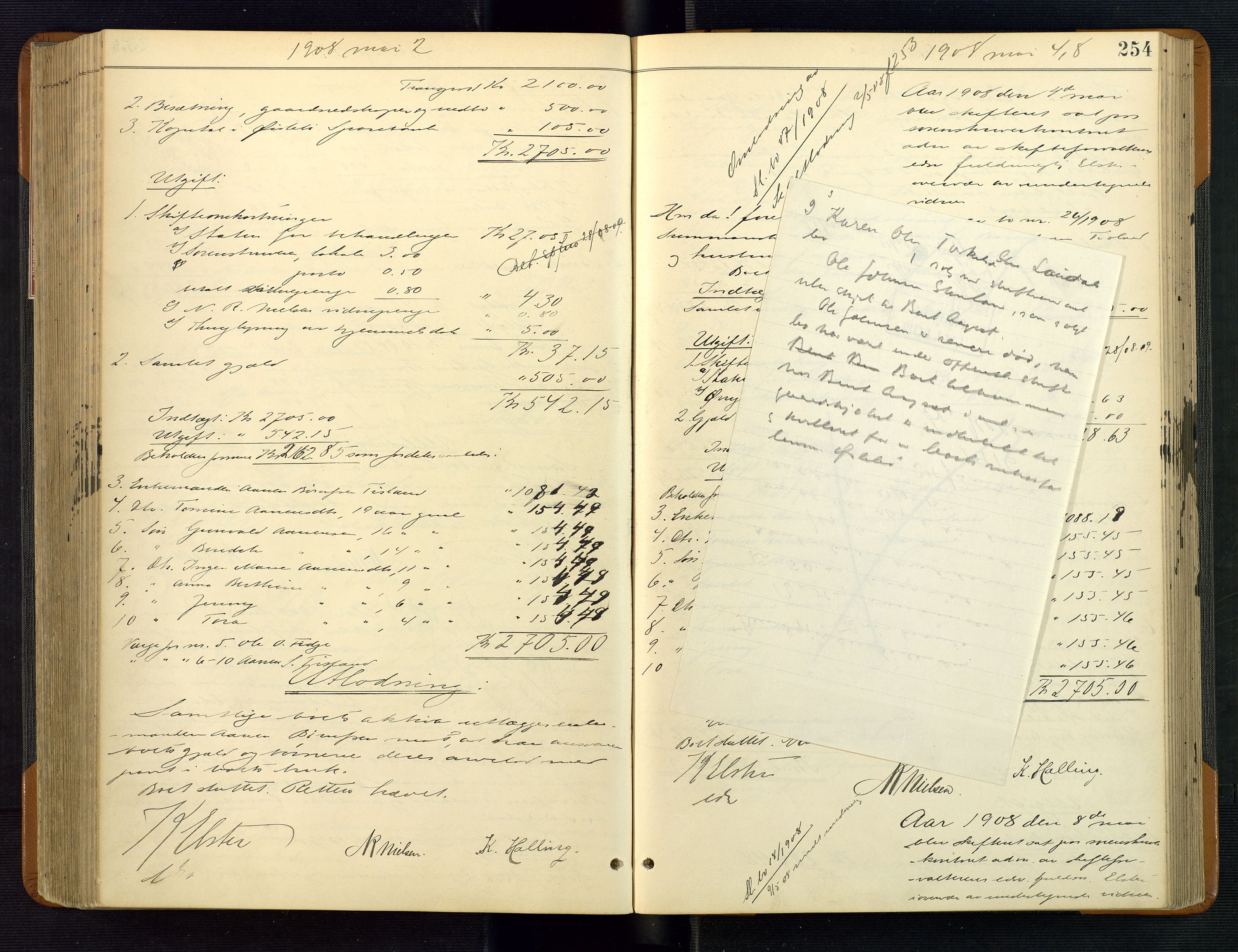 Mandal sorenskriveri, SAK/1221-0005/001/H/Hc/L0097: Skifteutlodningsprotokoll nr 6 med register, 1903-1910, p. 254