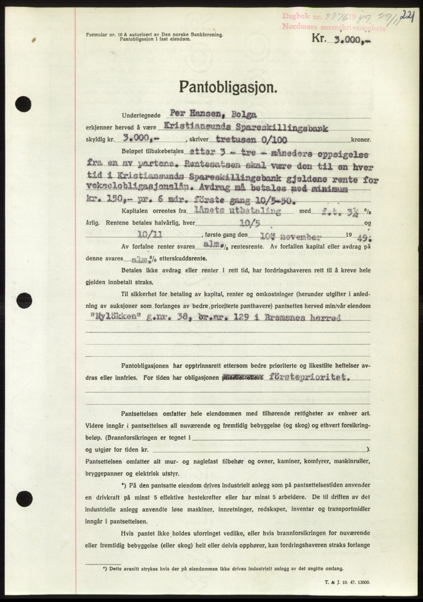 Nordmøre sorenskriveri, AV/SAT-A-4132/1/2/2Ca: Mortgage book no. B103, 1949-1950, Diary no: : 3376/1949