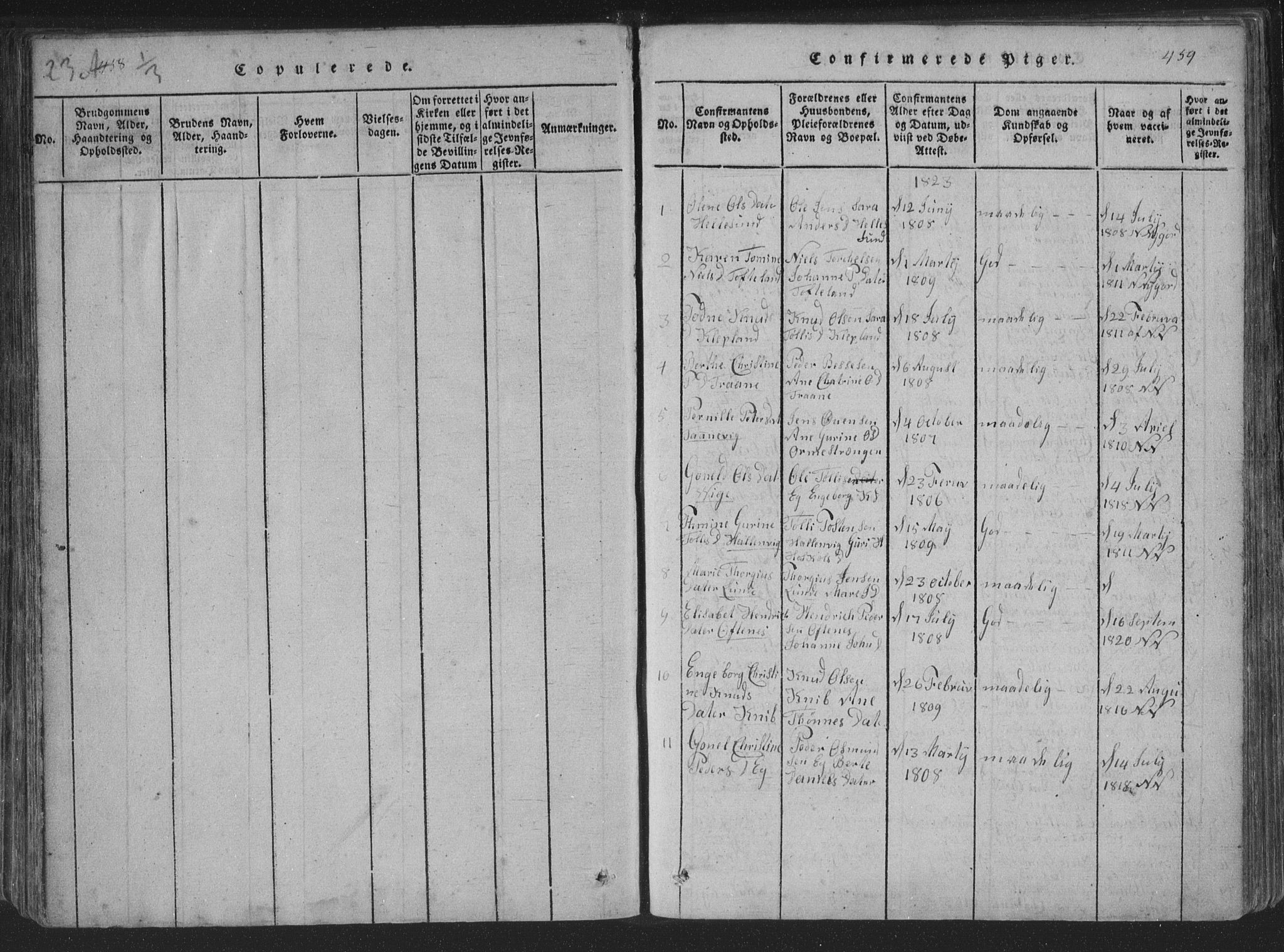 Søgne sokneprestkontor, SAK/1111-0037/F/Fa/Fab/L0008: Parish register (official) no. A 8, 1821-1838, p. 458-459
