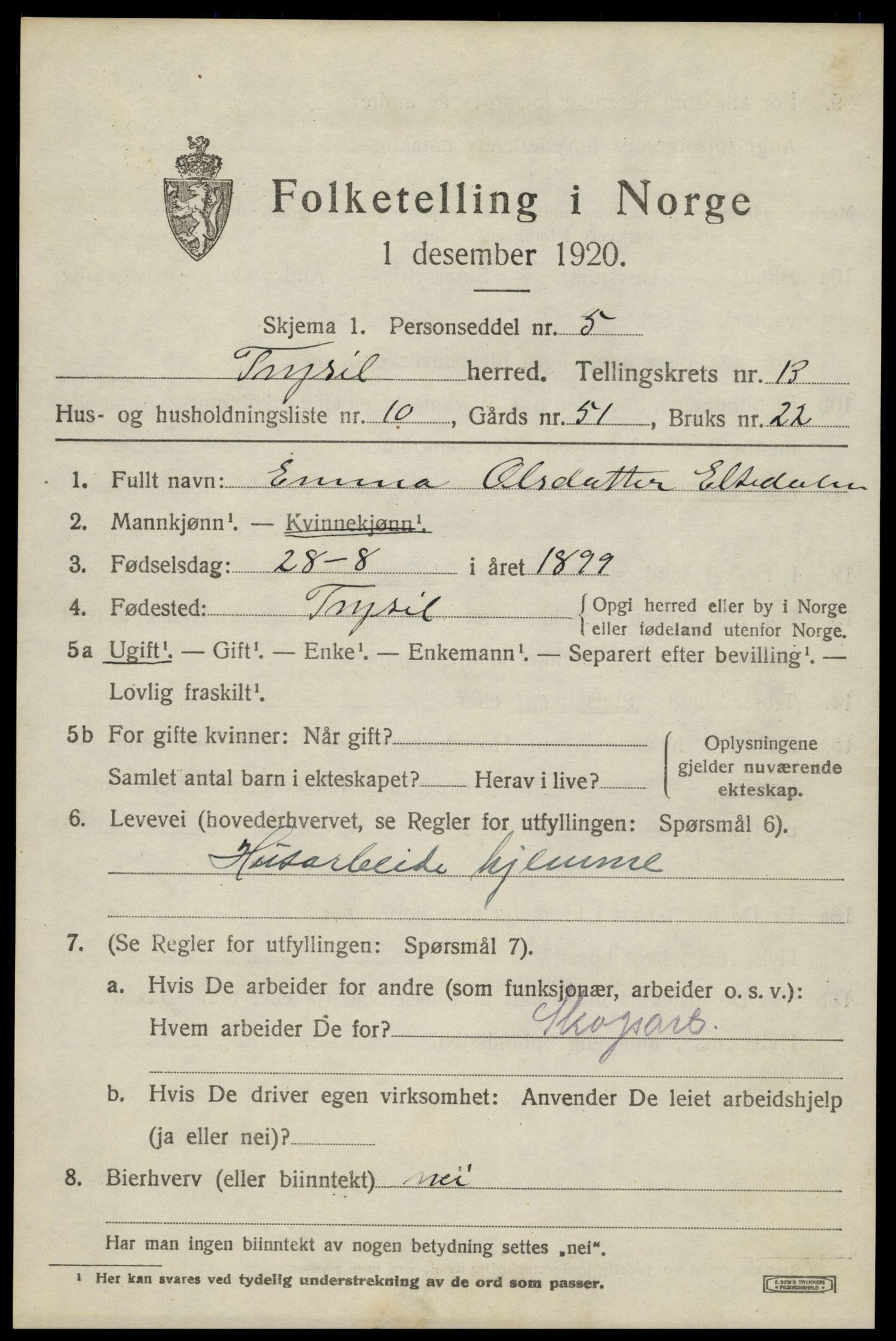 SAH, 1920 census for Trysil, 1920, p. 7759
