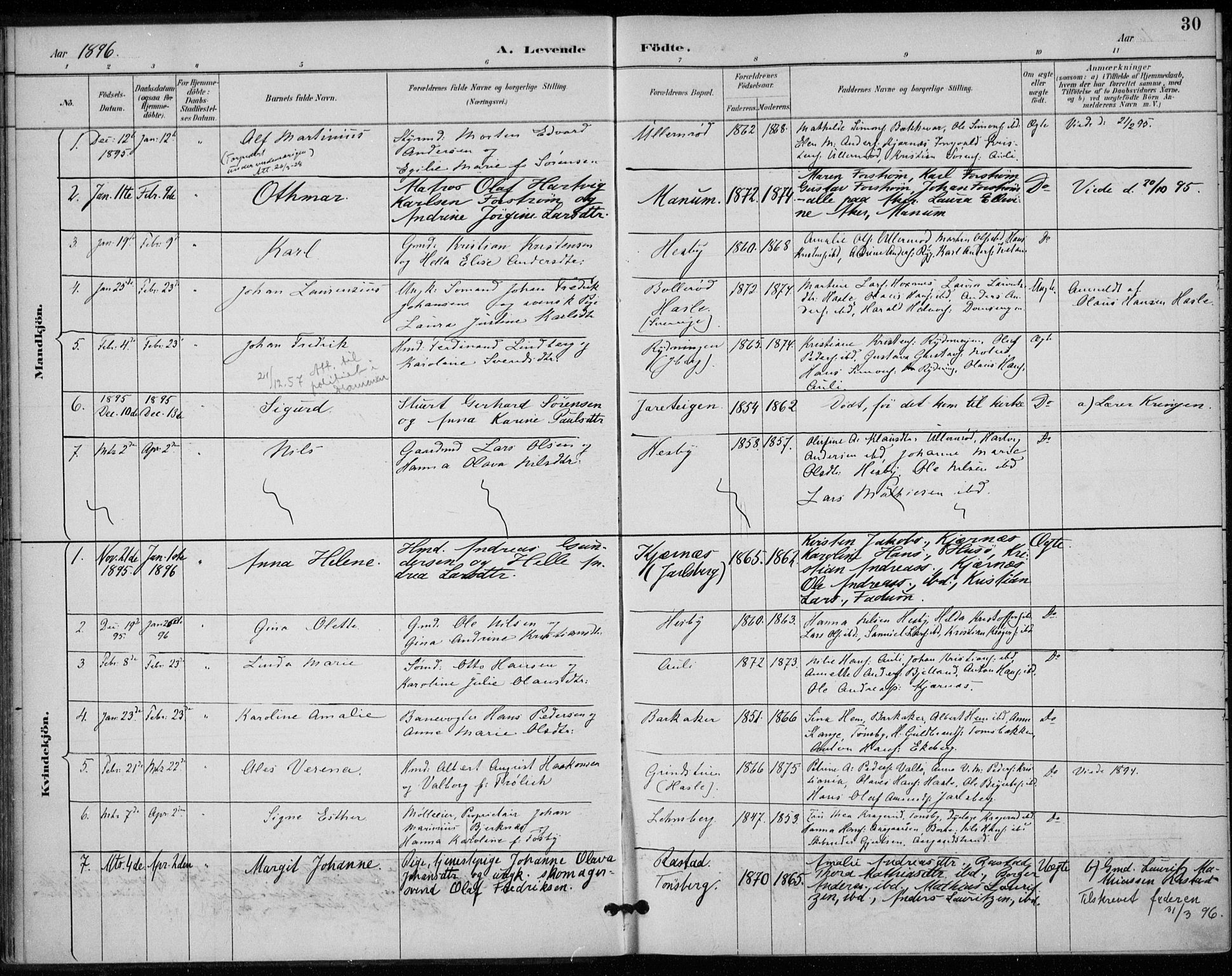 Sem kirkebøker, AV/SAKO-A-5/F/Fa/L0011: Parish register (official) no. I 11, 1888-1904, p. 30