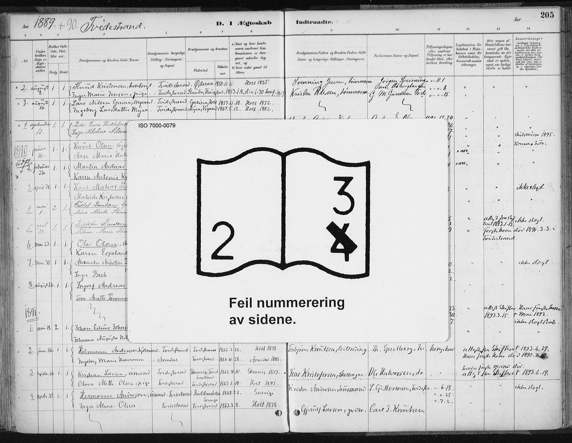 Tvedestrand sokneprestkontor, AV/SAK-1111-0042/F/Fa/L0001: Parish register (official) no. A 1, 1885-1916, p. 204v-205h