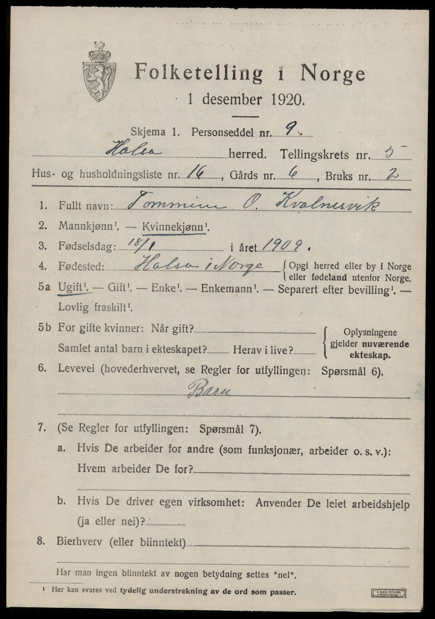 SAT, 1920 census for Halsa, 1920, p. 2219