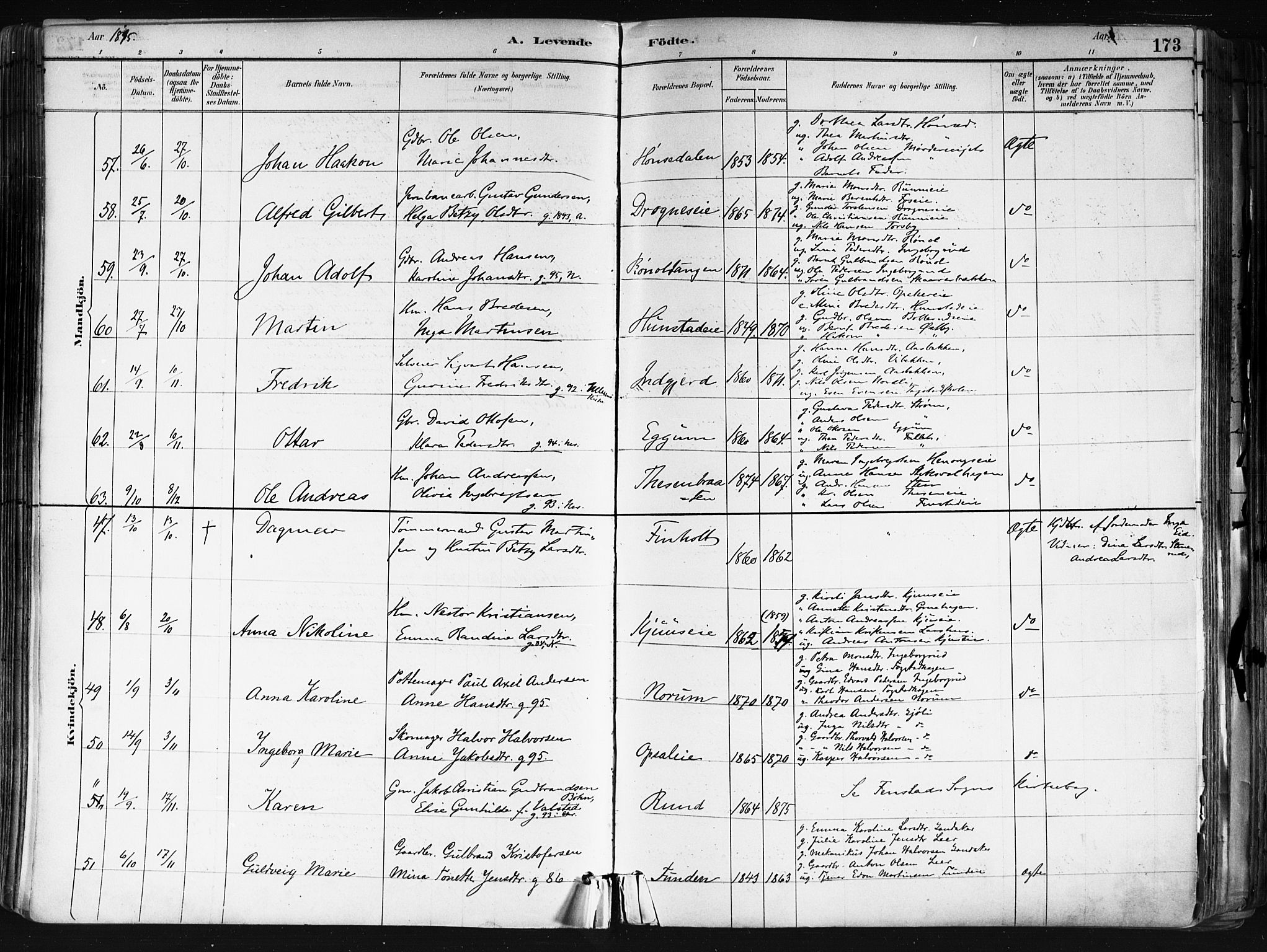 Nes prestekontor Kirkebøker, SAO/A-10410/F/Fa/L0010: Parish register (official) no. I 10, 1883-1898, p. 173