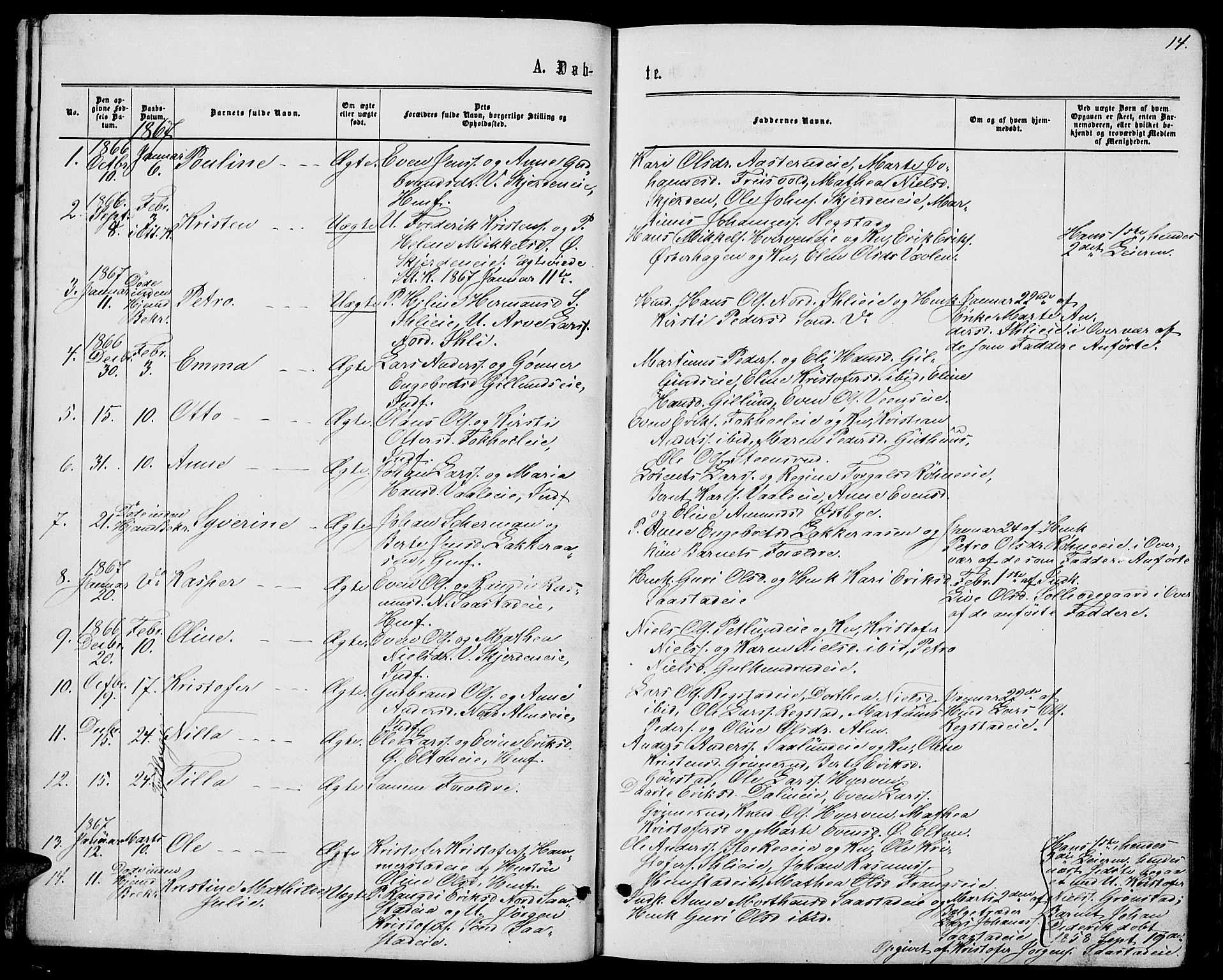 Stange prestekontor, SAH/PREST-002/L/L0006: Parish register (copy) no. 6, 1864-1882, p. 14