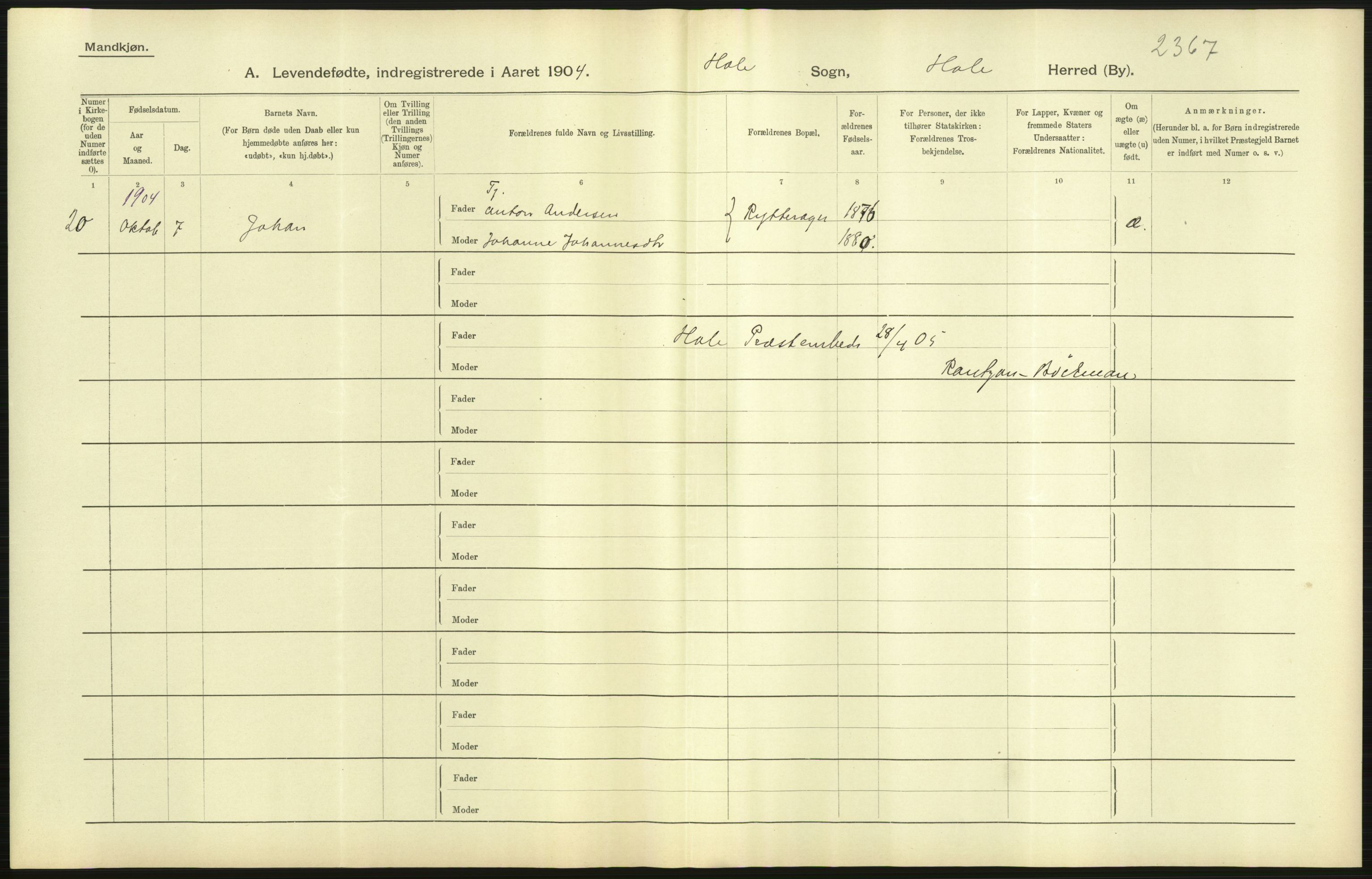 Statistisk sentralbyrå, Sosiodemografiske emner, Befolkning, AV/RA-S-2228/D/Df/Dfa/Dfab/L0007: Buskerud amt: Fødte, gifte, døde, 1904, p. 37