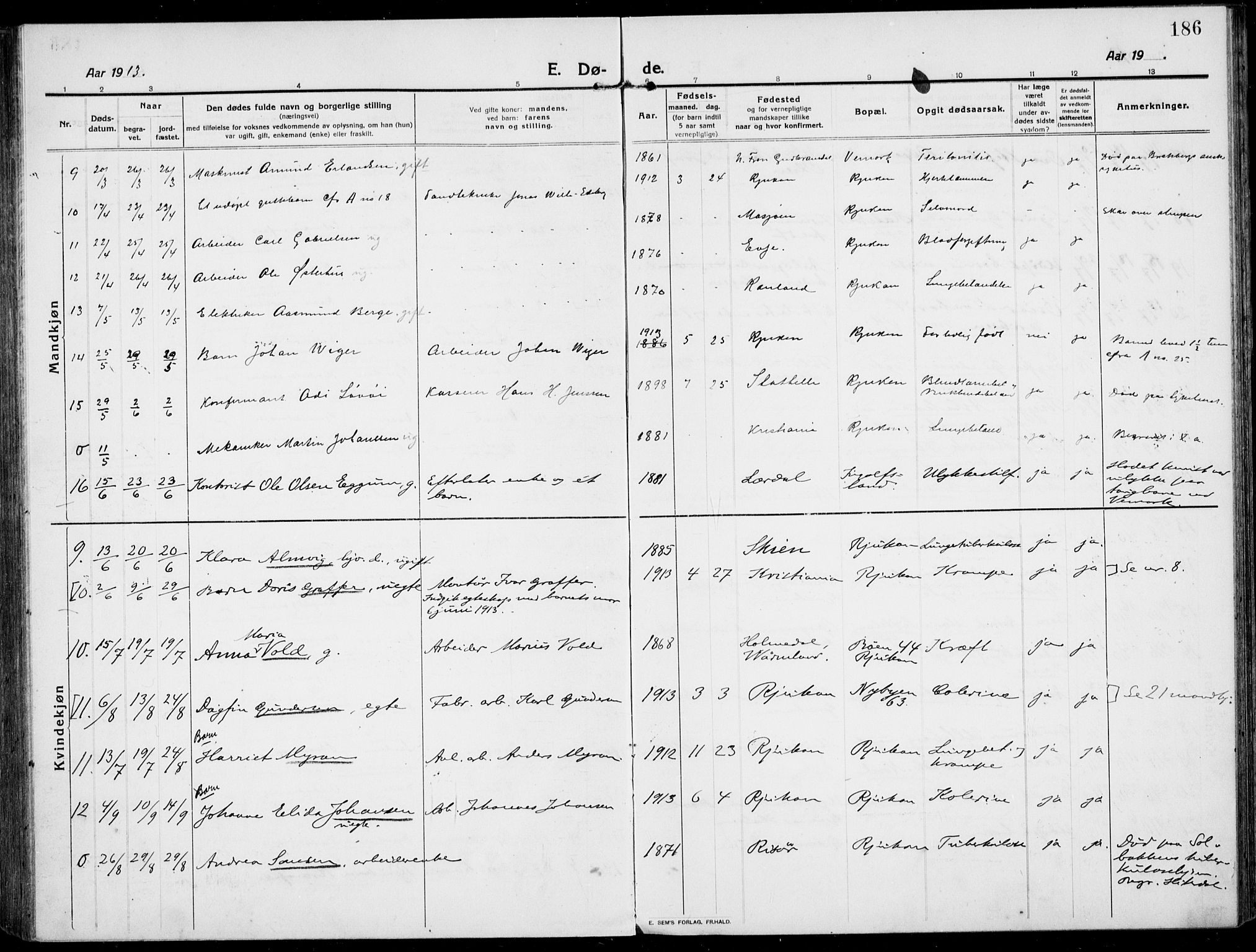 Rjukan kirkebøker, SAKO/A-294/F/Fa/L0002: Parish register (official) no. 2, 1912-1917, p. 186