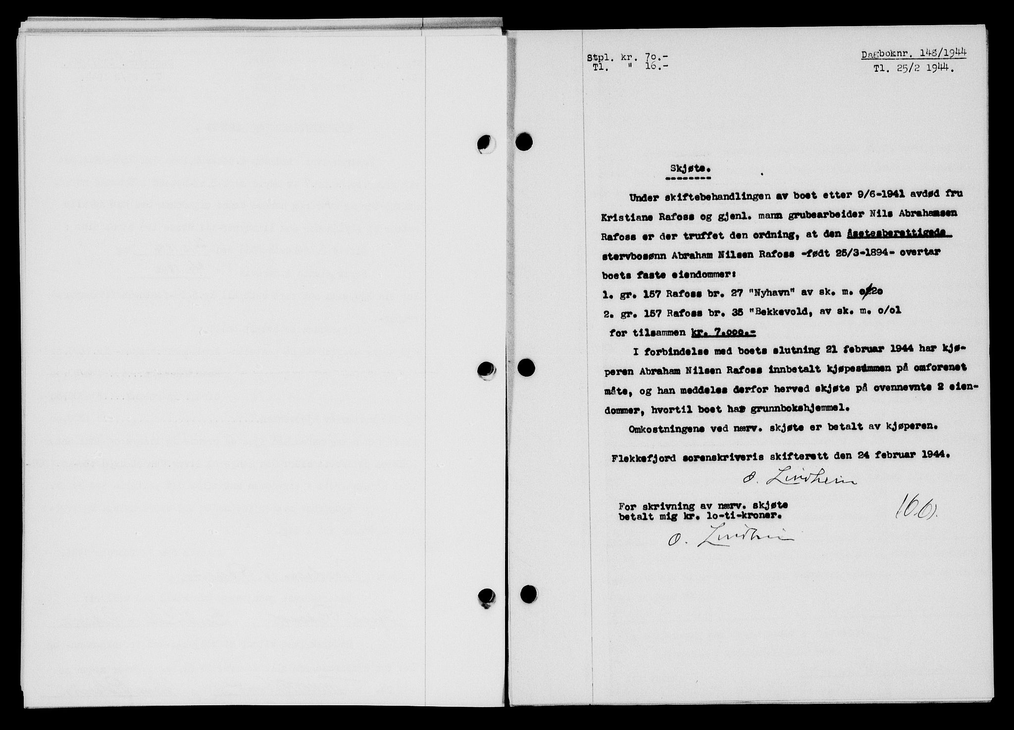 Flekkefjord sorenskriveri, SAK/1221-0001/G/Gb/Gba/L0059: Mortgage book no. A-7, 1944-1945, Diary no: : 148/1944