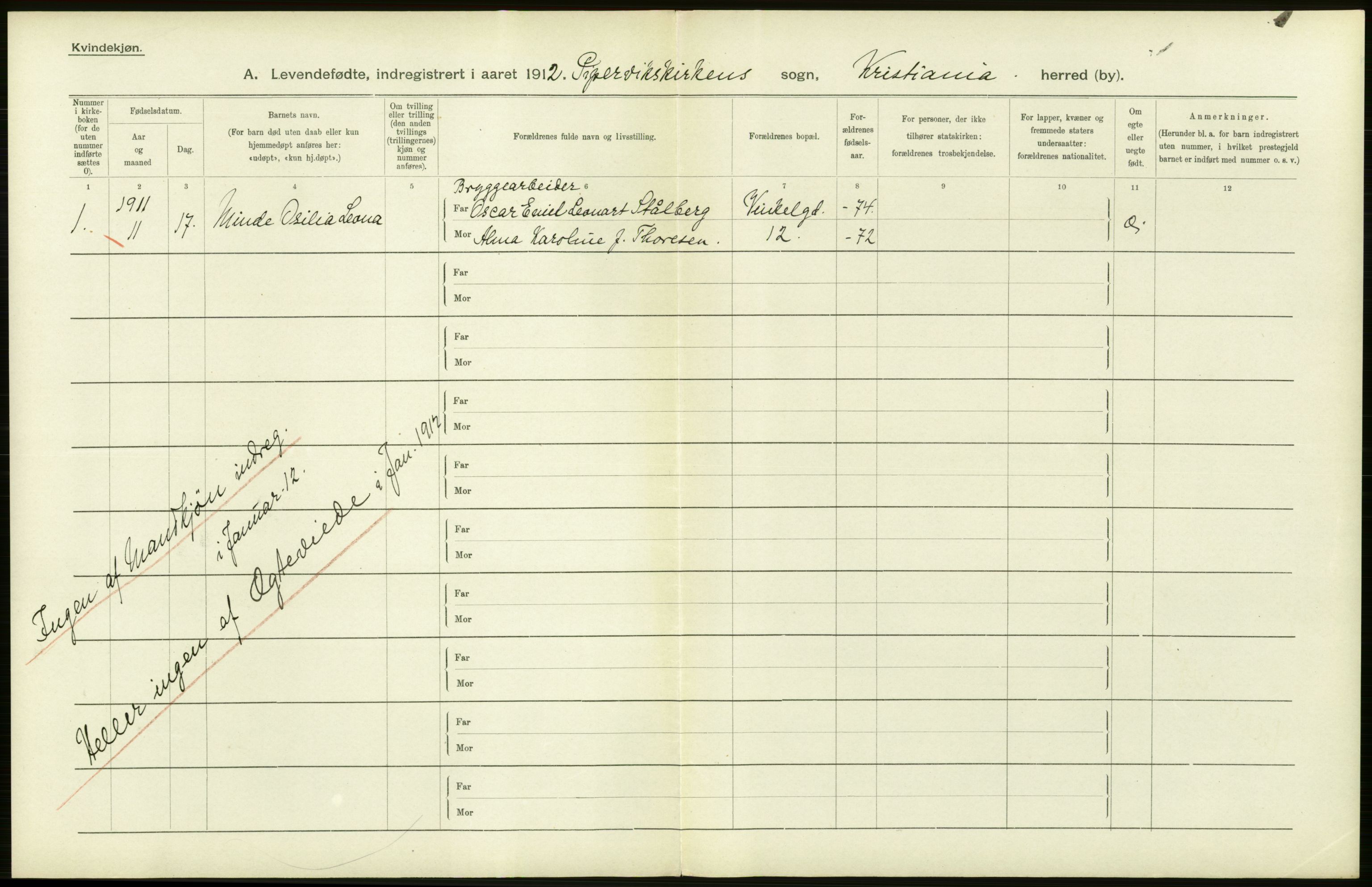 Statistisk sentralbyrå, Sosiodemografiske emner, Befolkning, RA/S-2228/D/Df/Dfb/Dfbb/L0006: Kristiania:  Levendefødte menn og kvinner., 1912, p. 692