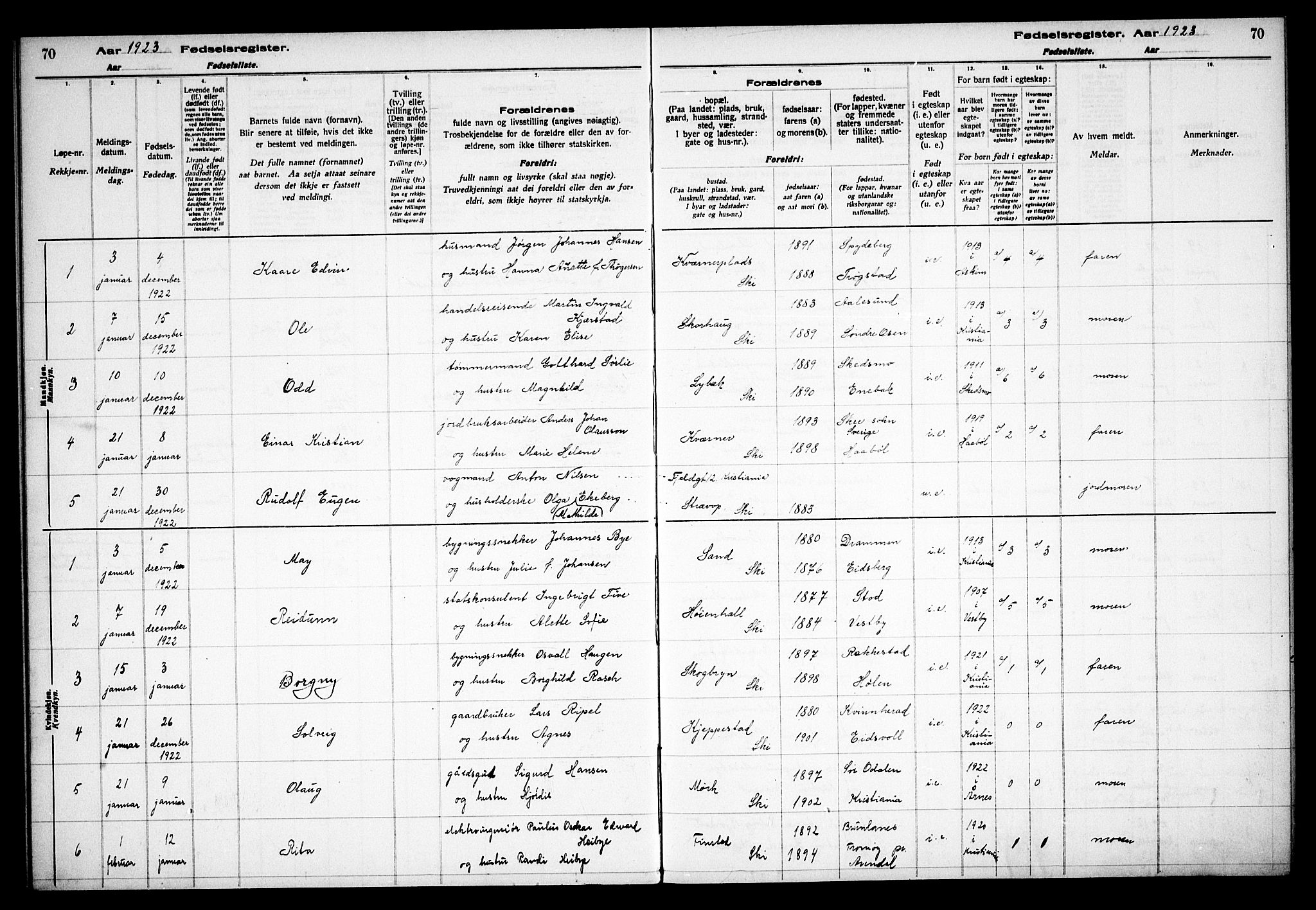 Kråkstad prestekontor Kirkebøker, AV/SAO-A-10125a/J/Jb/L0001: Birth register no. II 1, 1916-1936, p. 70