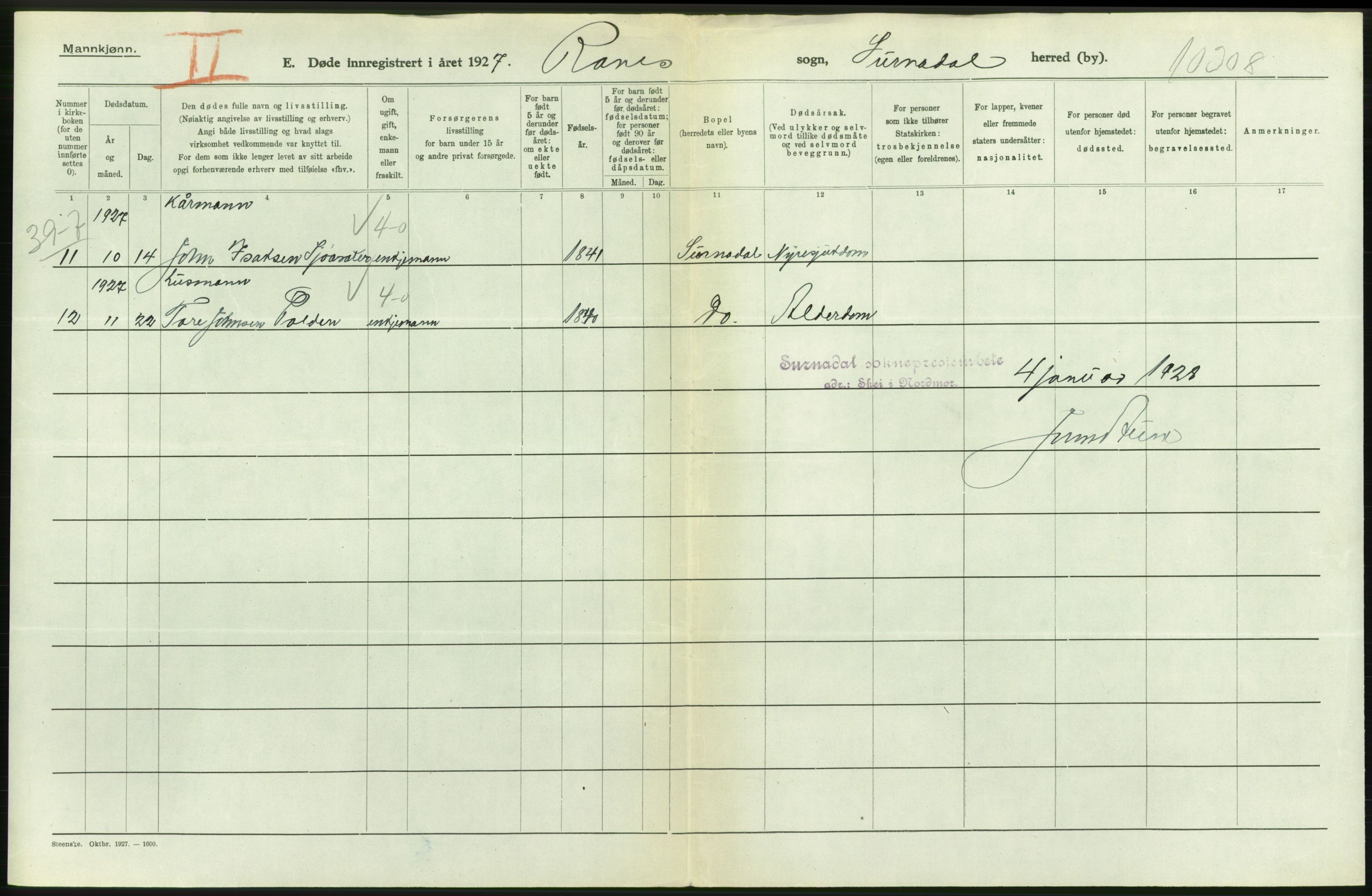 Statistisk sentralbyrå, Sosiodemografiske emner, Befolkning, AV/RA-S-2228/D/Df/Dfc/Dfcg/L0034: Møre fylke: Døde. Bygder og byer., 1927, p. 328