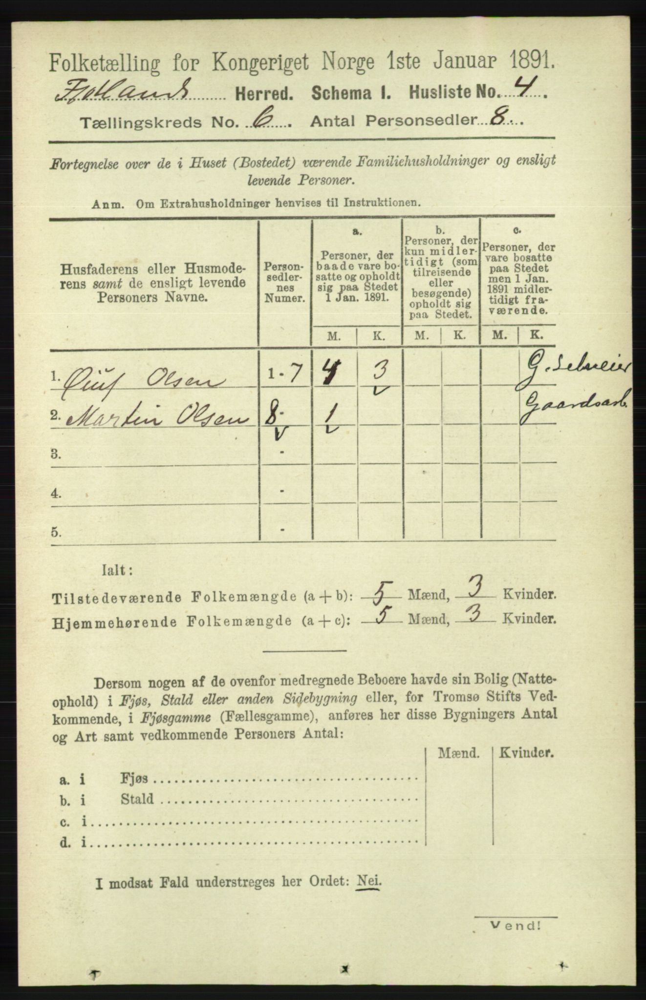 RA, 1891 census for 1036 Fjotland, 1891, p. 840