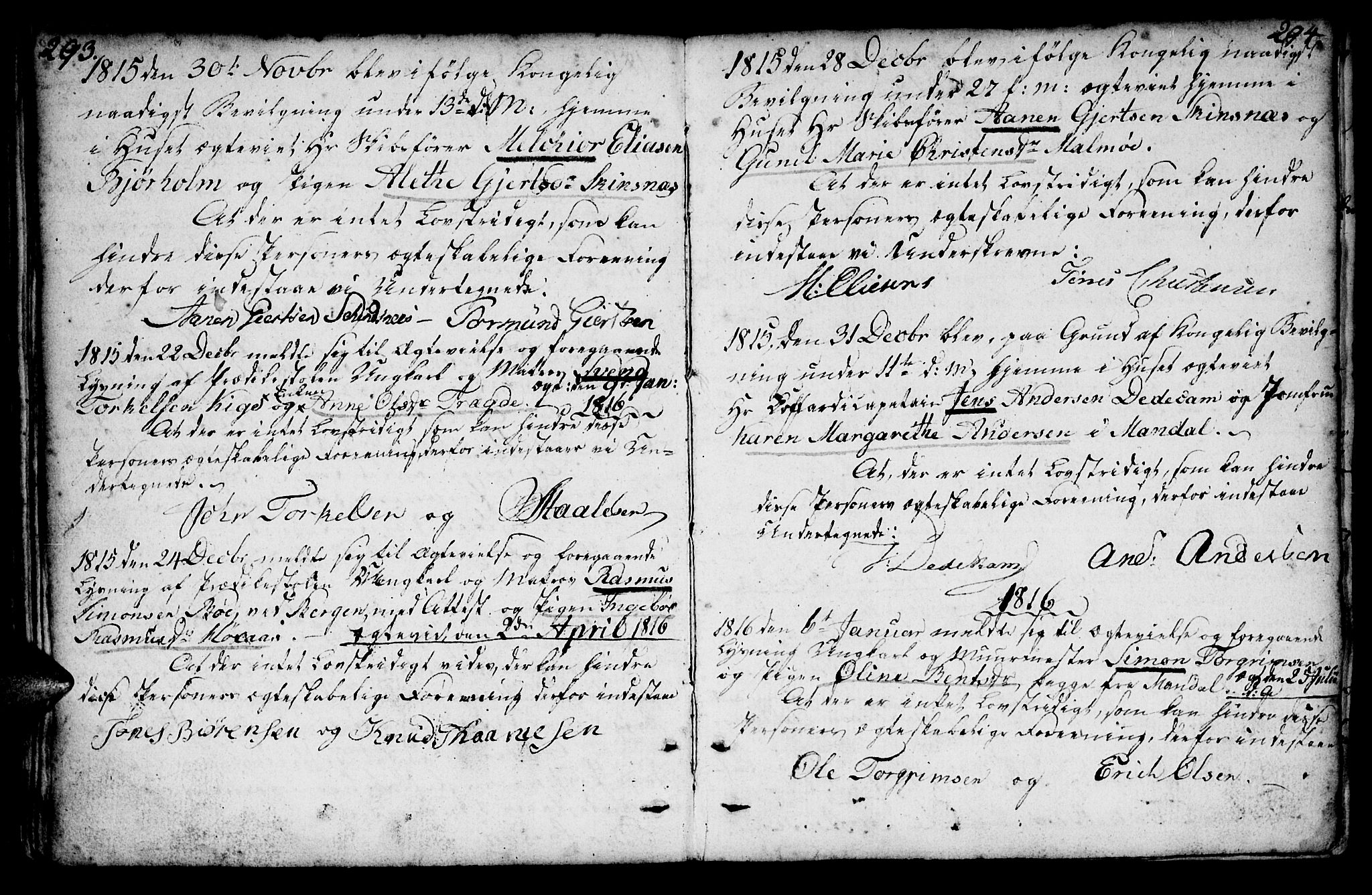 Mandal sokneprestkontor, AV/SAK-1111-0030/F/Fa/Faa/L0007: Parish register (official) no. A 7, 1783-1818, p. 293-294