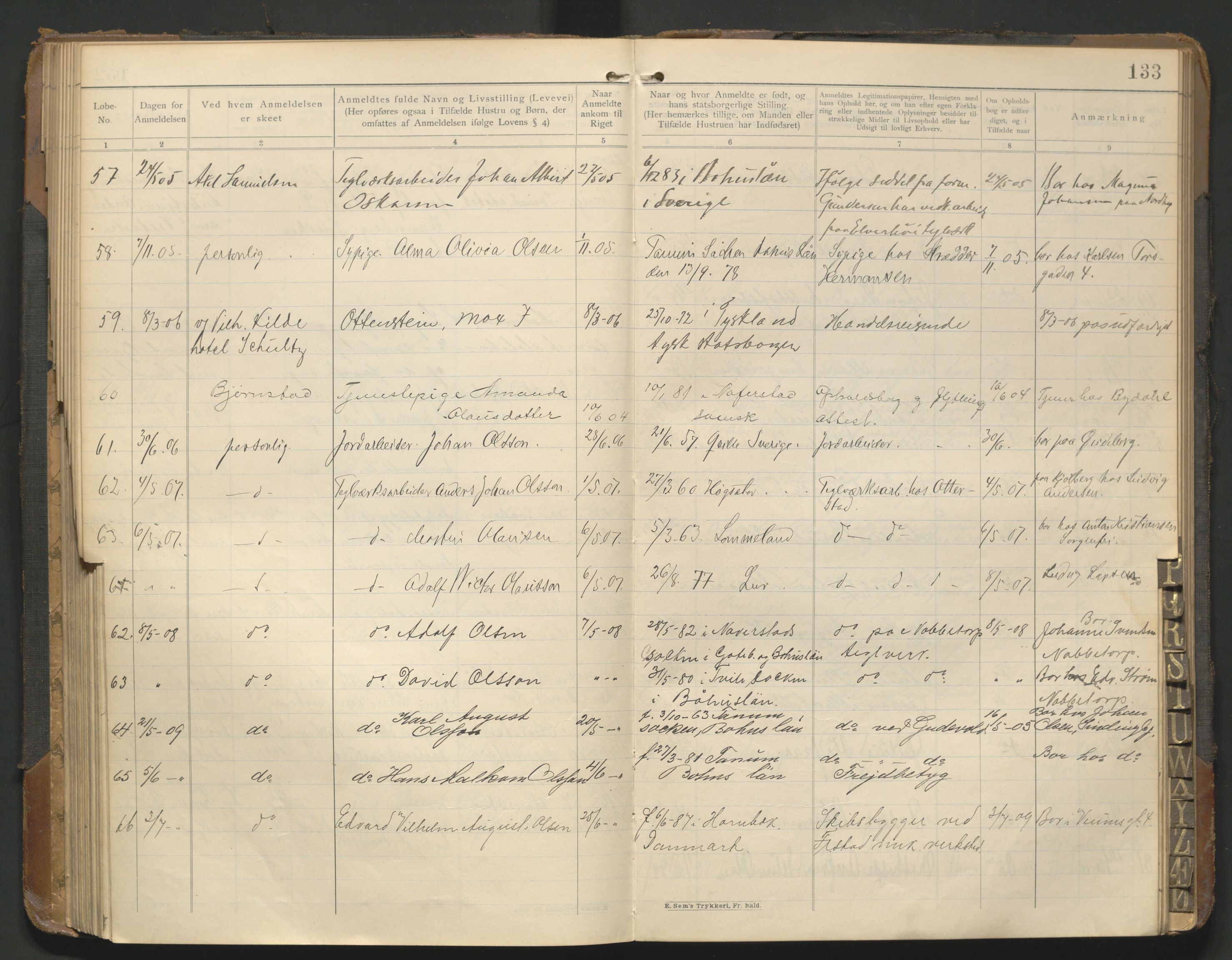 Fredrikstad politikammer, AV/SAO-A-10055/H/Hb/Hba/L0001: Protokoll over fremmede statsborgere, 1901-1916, p. 132b-133a