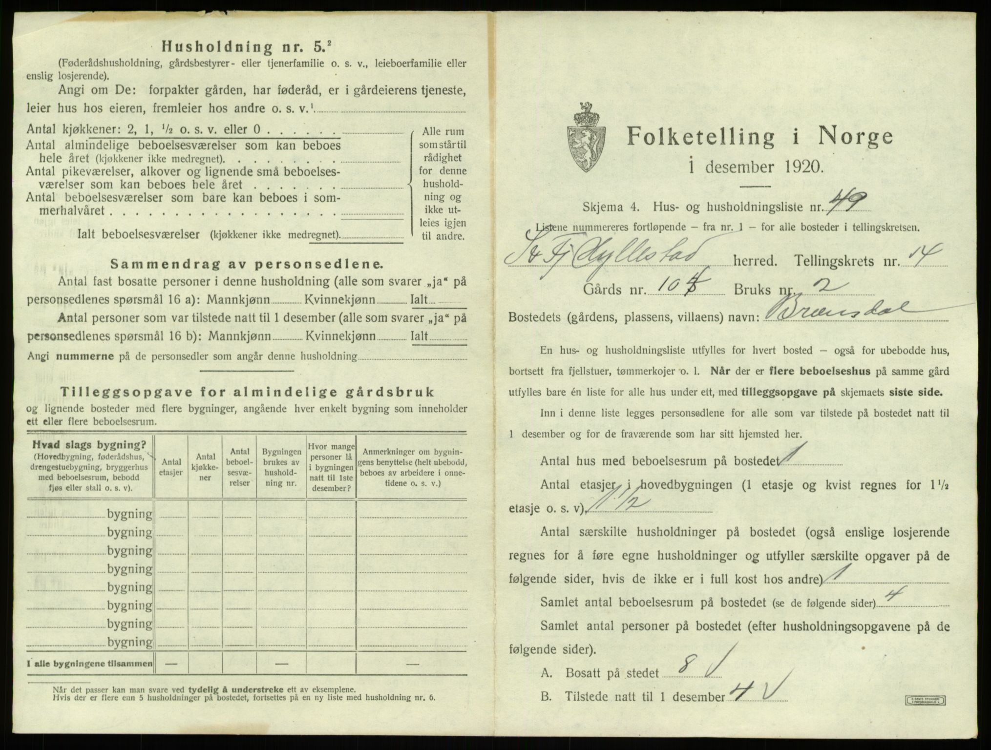 SAB, 1920 census for Hyllestad, 1920, p. 886