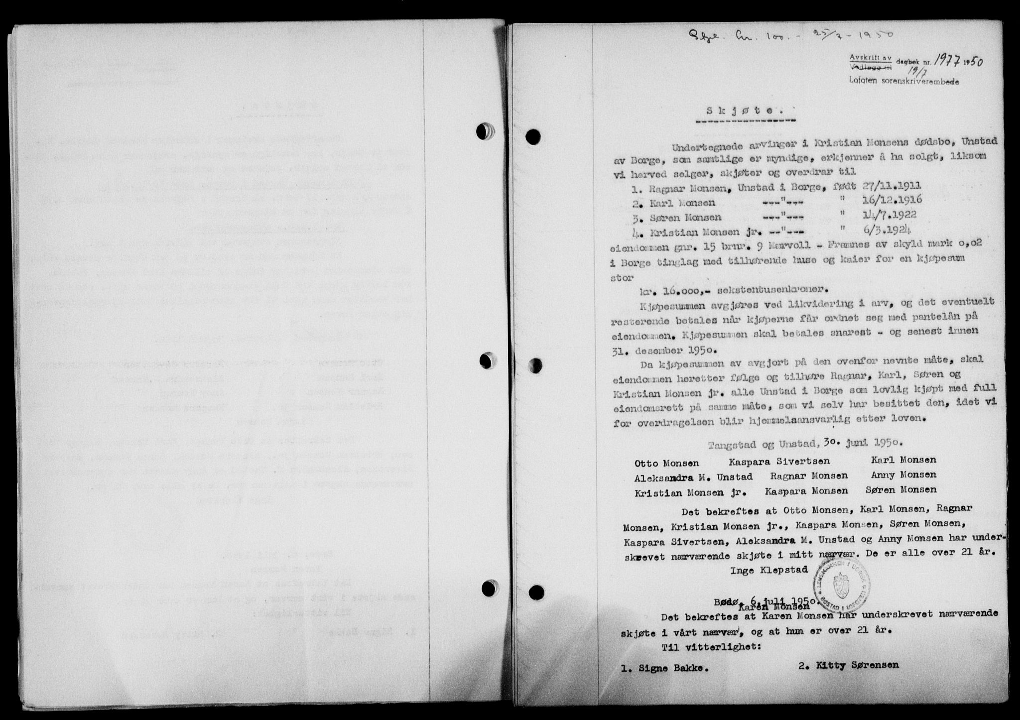 Lofoten sorenskriveri, SAT/A-0017/1/2/2C/L0024a: Mortgage book no. 24a, 1950-1950, Diary no: : 1977/1950