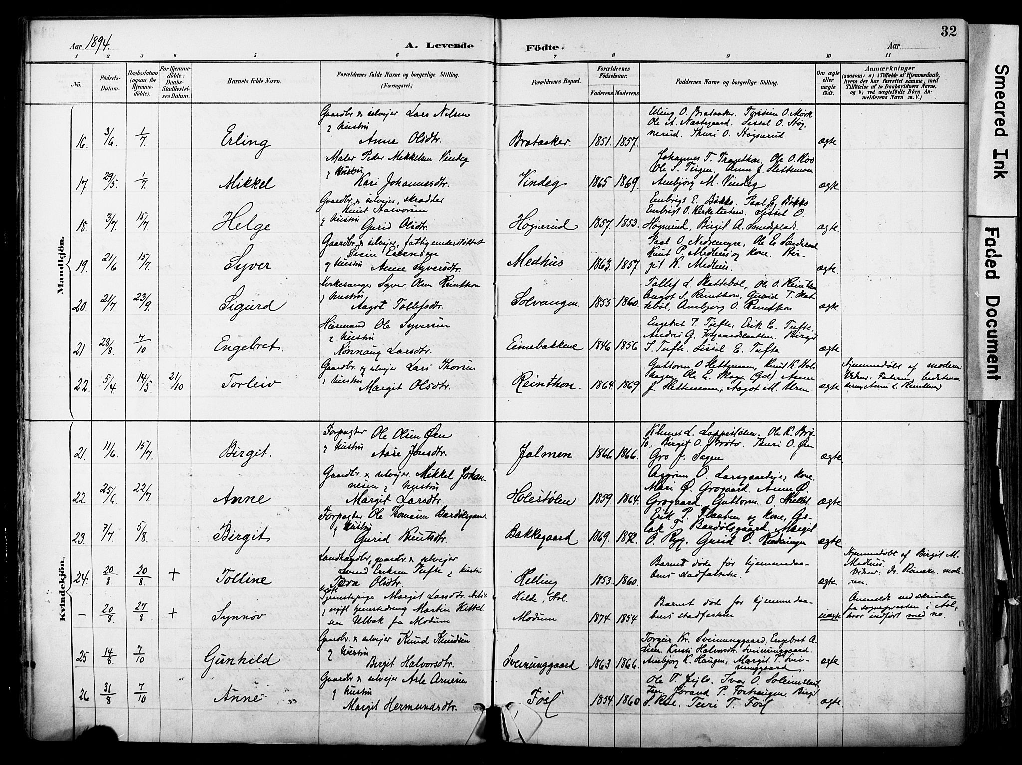 Hol kirkebøker, AV/SAKO-A-227/F/Fa/L0003: Parish register (official) no. I 3, 1887-1918, p. 32