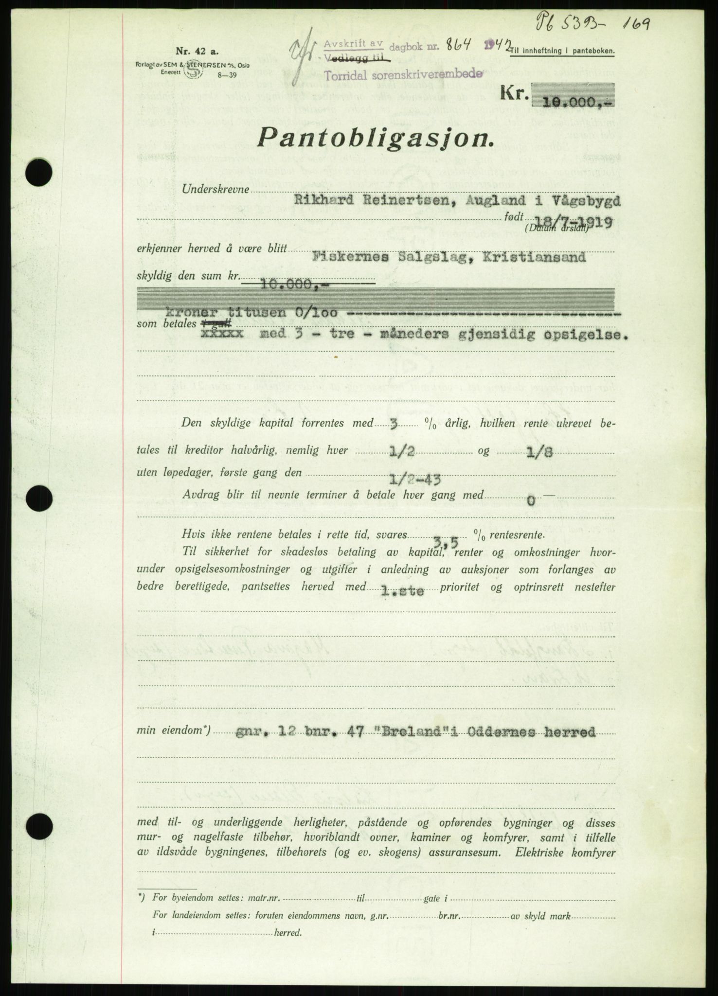 Torridal sorenskriveri, AV/SAK-1221-0012/G/Gb/Gbb/L0009: Mortgage book no. 53b, 1942-1943, Diary no: : 864/1942