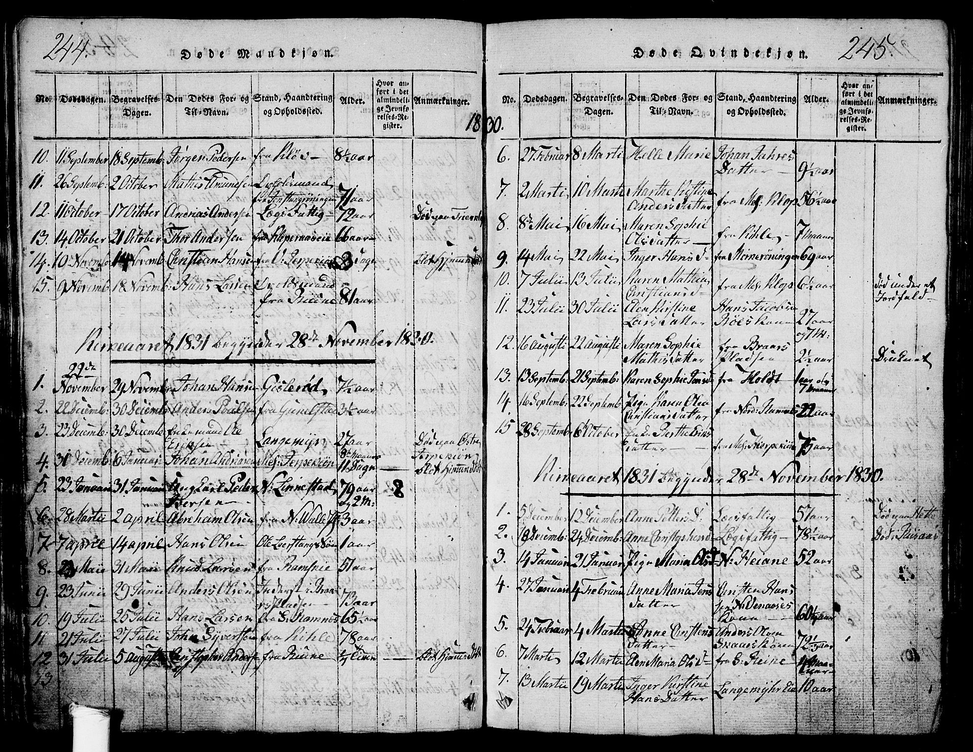 Ramnes kirkebøker, AV/SAKO-A-314/G/Ga/L0001: Parish register (copy) no. I 1, 1813-1847, p. 244-245