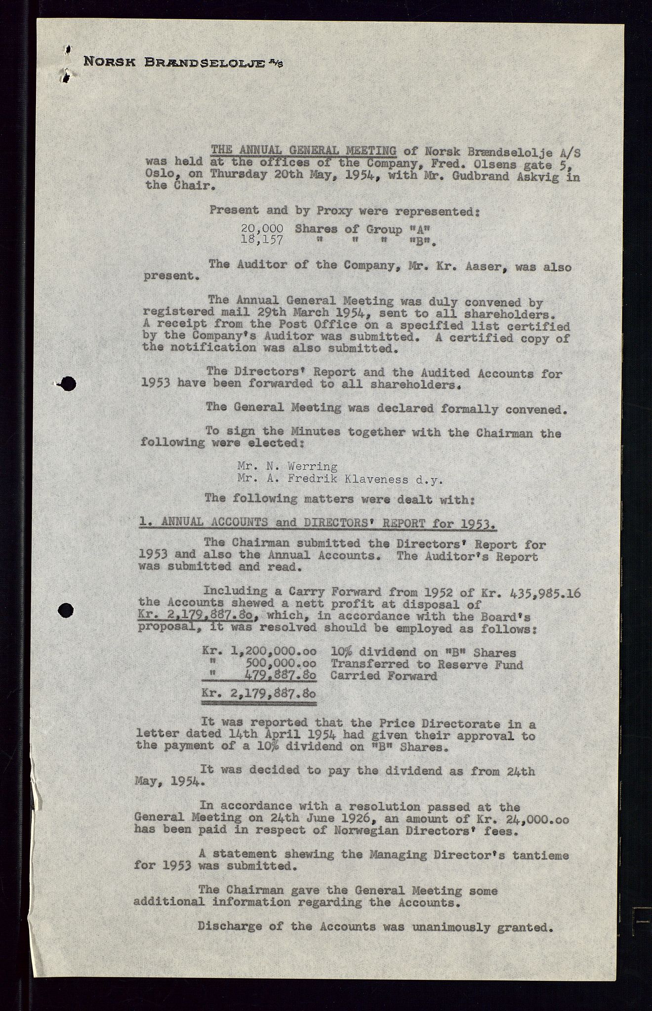 PA 1544 - Norsk Brændselolje A/S, AV/SAST-A-101965/1/A/Aa/L0007/0001: Generalforsamling / Ekstraordinær generalforsamling 1953, generalforsamling 1954, 1953-1954, p. 77