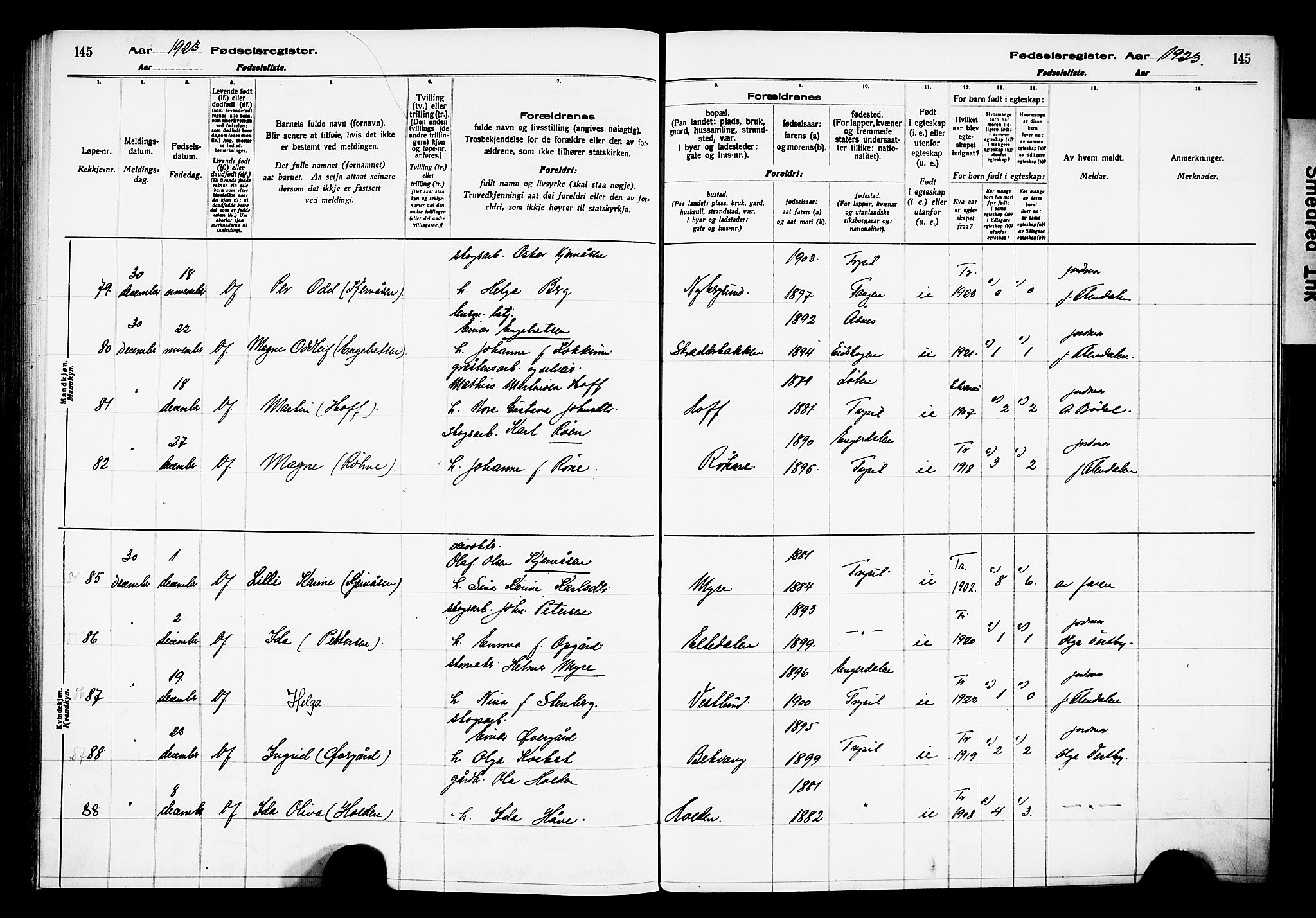 Trysil prestekontor, AV/SAH-PREST-046/I/Id/Ida/L0001: Birth register no. I 1, 1916-1927, p. 145