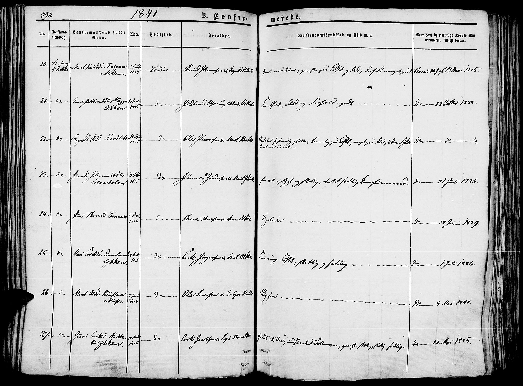 Lesja prestekontor, AV/SAH-PREST-068/H/Ha/Haa/L0005: Parish register (official) no. 5, 1830-1842, p. 394