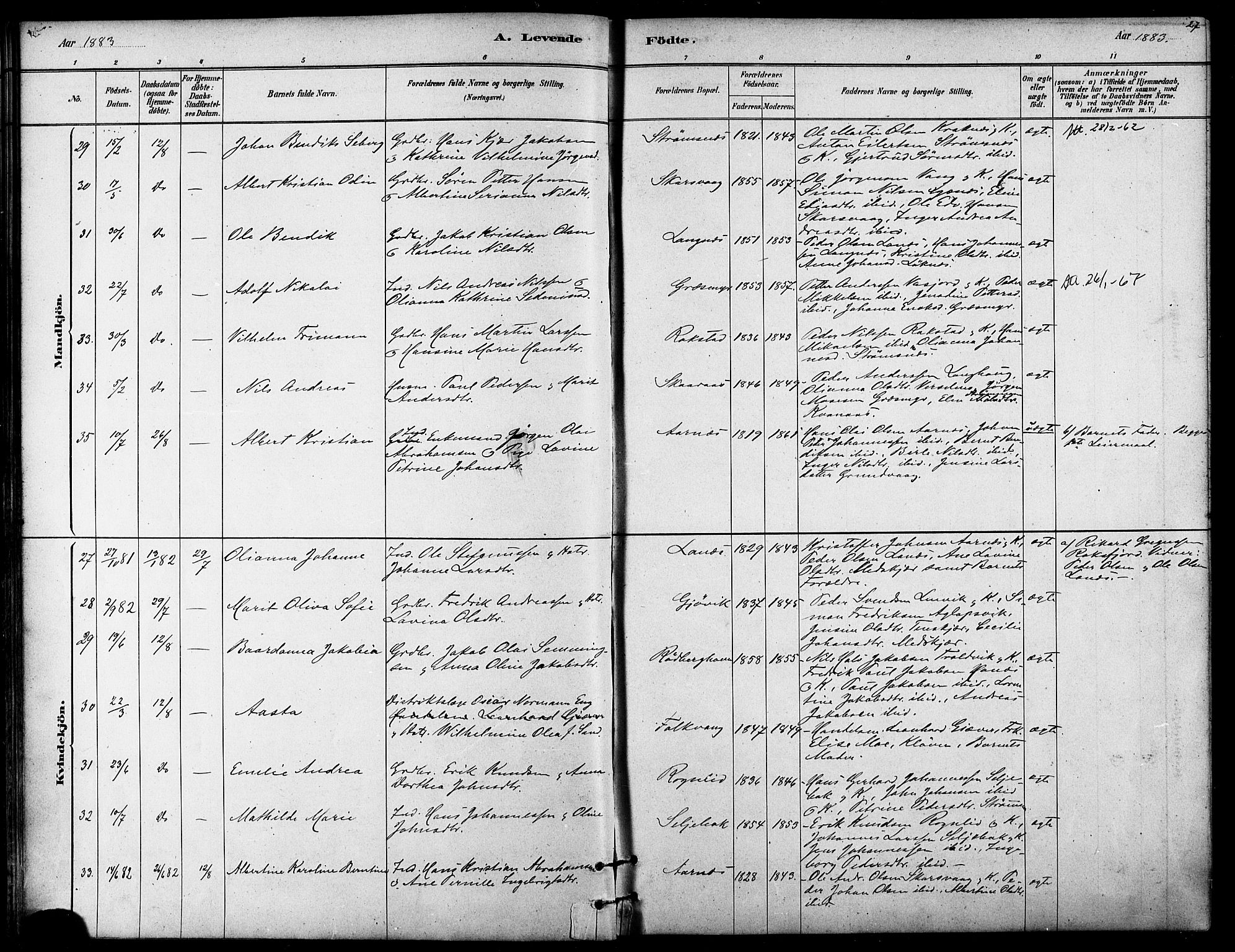 Lenvik sokneprestembete, SATØ/S-1310/H/Ha/Haa/L0011kirke: Parish register (official) no. 11, 1880-1889, p. 27