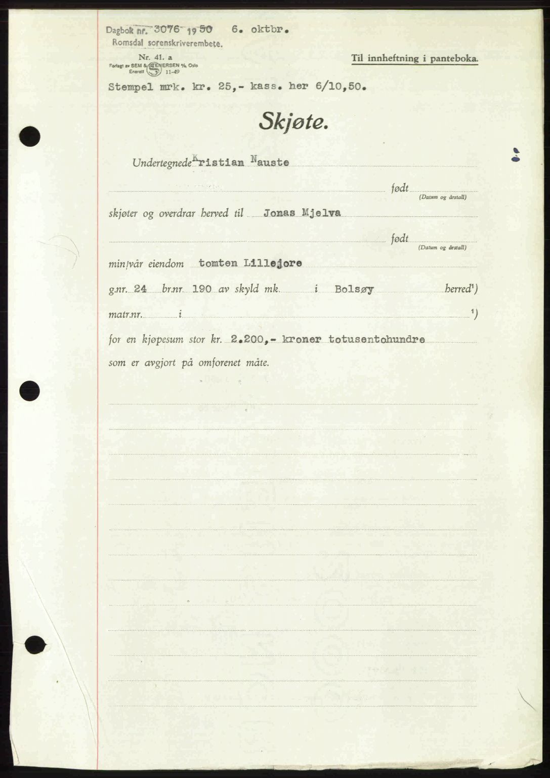 Romsdal sorenskriveri, AV/SAT-A-4149/1/2/2C: Mortgage book no. A34, 1950-1950, Diary no: : 3076/1950