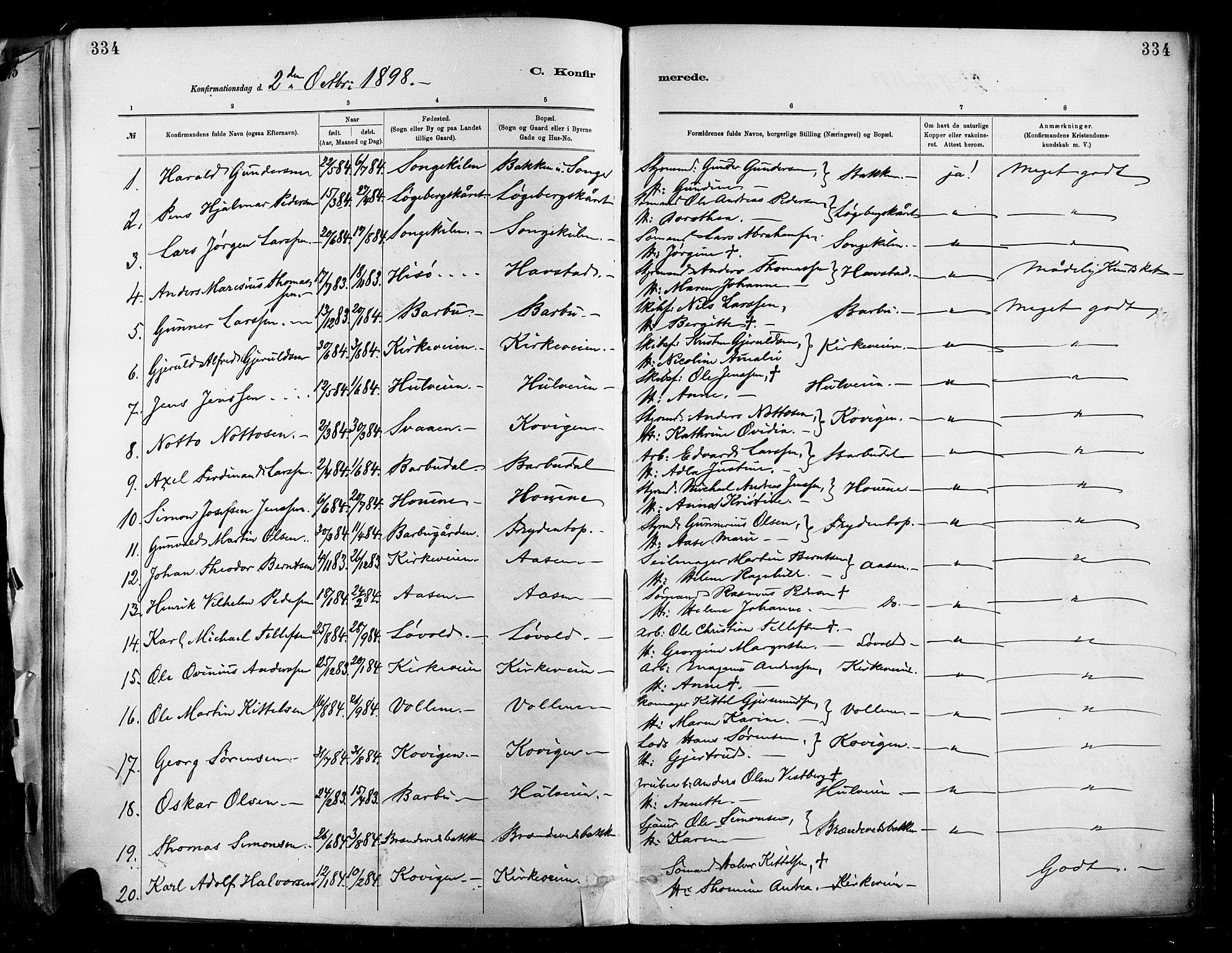 Barbu sokneprestkontor, AV/SAK-1111-0003/F/Fa/L0002: Parish register (official) no. A 2, 1883-1898, p. 334