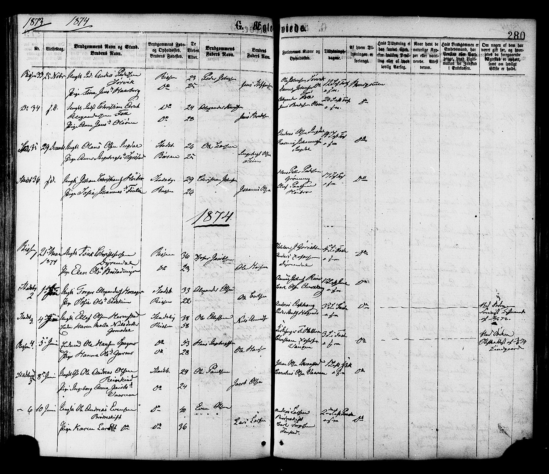 Ministerialprotokoller, klokkerbøker og fødselsregistre - Sør-Trøndelag, SAT/A-1456/646/L0613: Parish register (official) no. 646A11, 1870-1884, p. 280