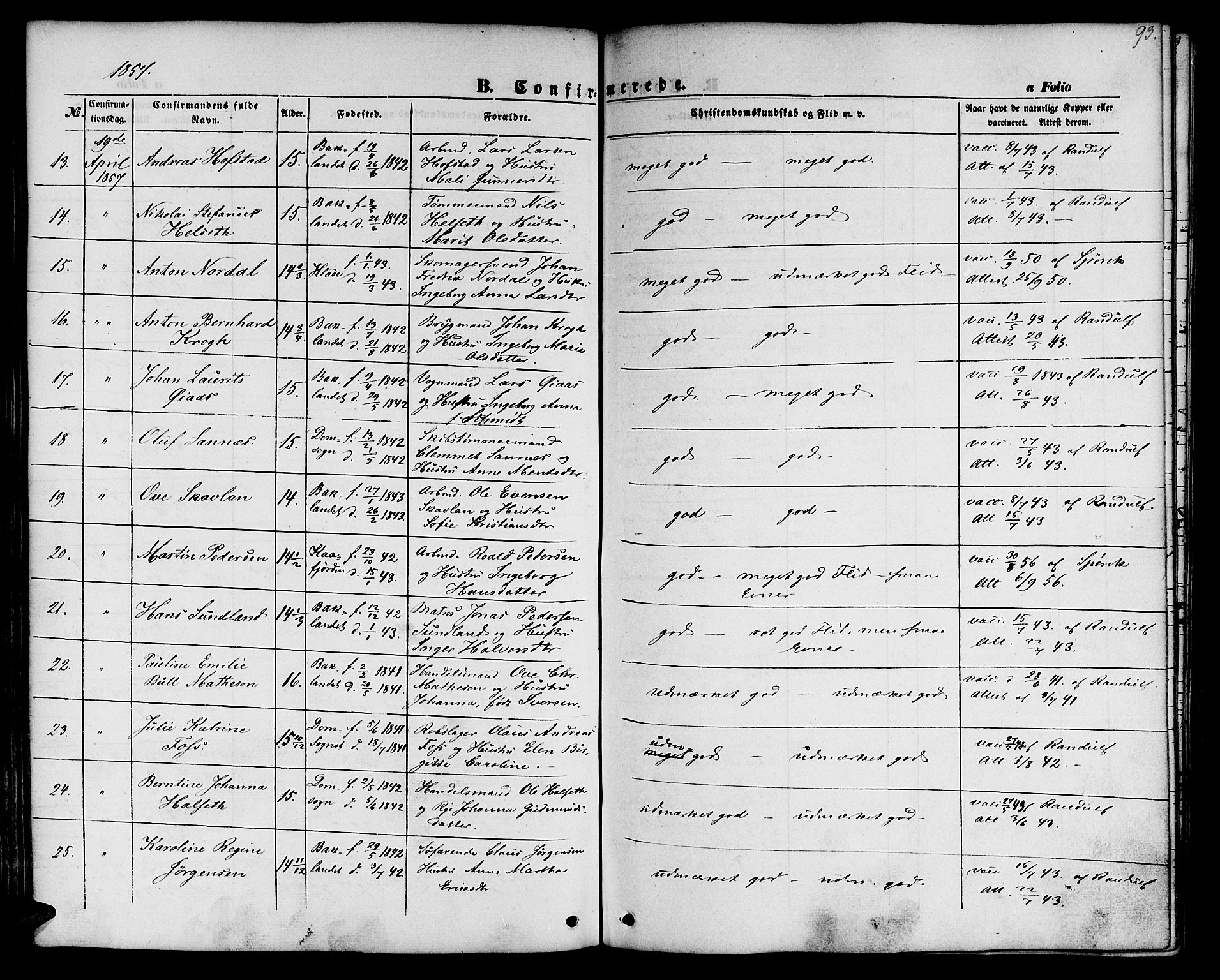 Ministerialprotokoller, klokkerbøker og fødselsregistre - Sør-Trøndelag, SAT/A-1456/604/L0184: Parish register (official) no. 604A05, 1851-1860, p. 93