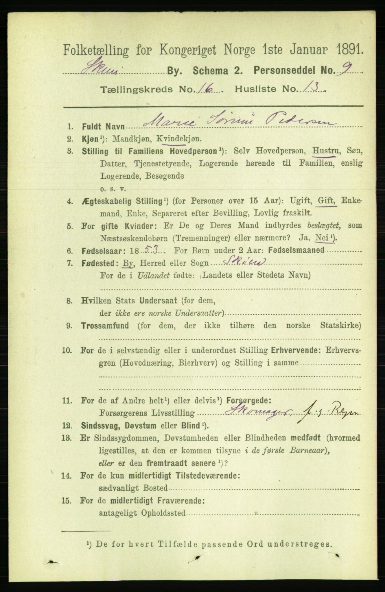 RA, 1891 census for 0806 Skien, 1891, p. 4653